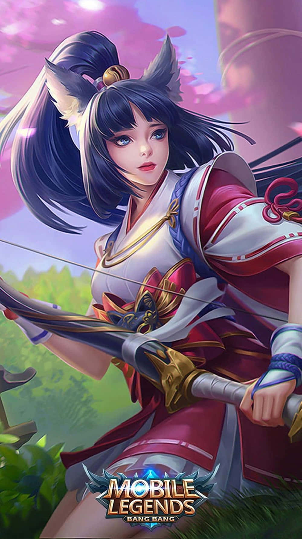 動漫戰士，有狐狸耳朵，喺櫻花田中揸住弓。