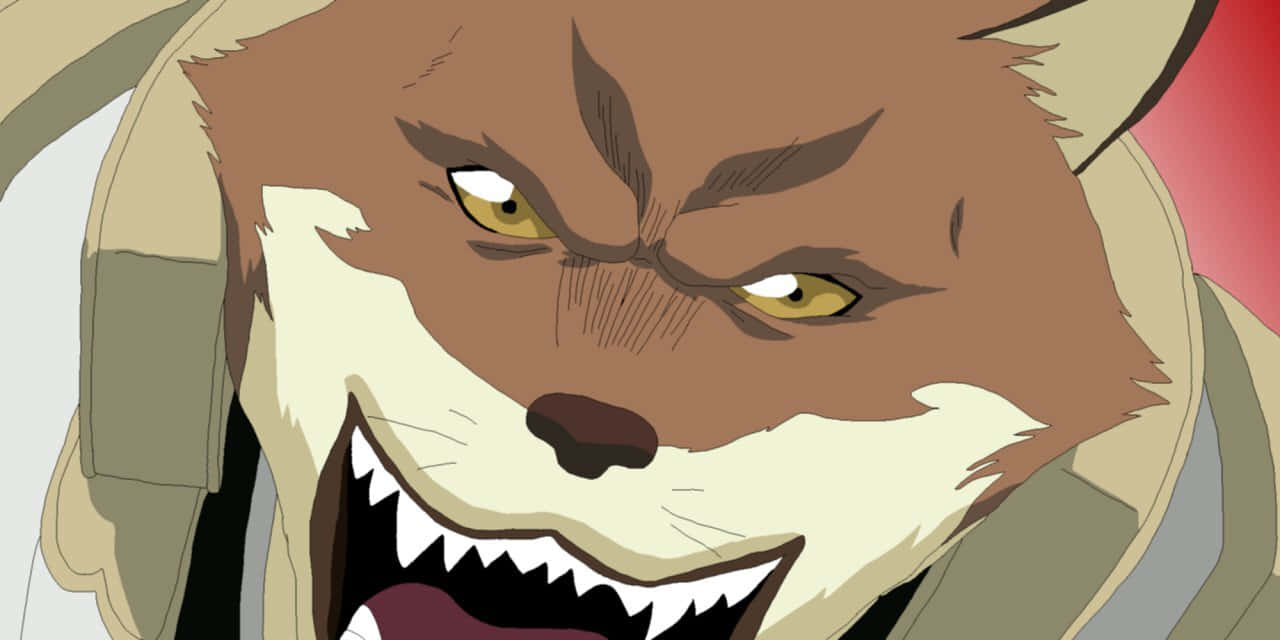 Sajin Komamura 桌布 壁紙 — 動漫風格中，一隻憤怒的擬人化狐狸露出牙齒和強烈的黃色眼睛的特寫。