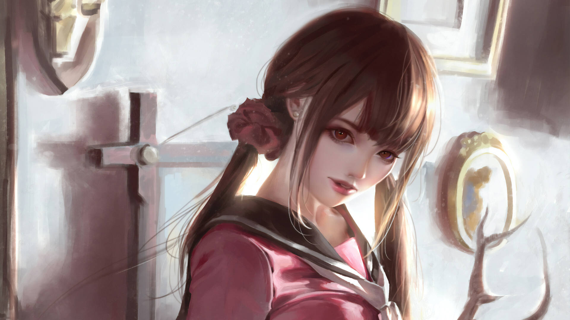 穿著水手服、戴著紅色花朵髮夾的動漫女孩站在窗邊