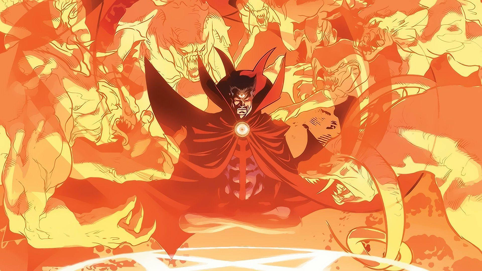 一位身穿紅色斗篷的漫畫巫師，被火熱顏色的惡魔面孔包圍。
