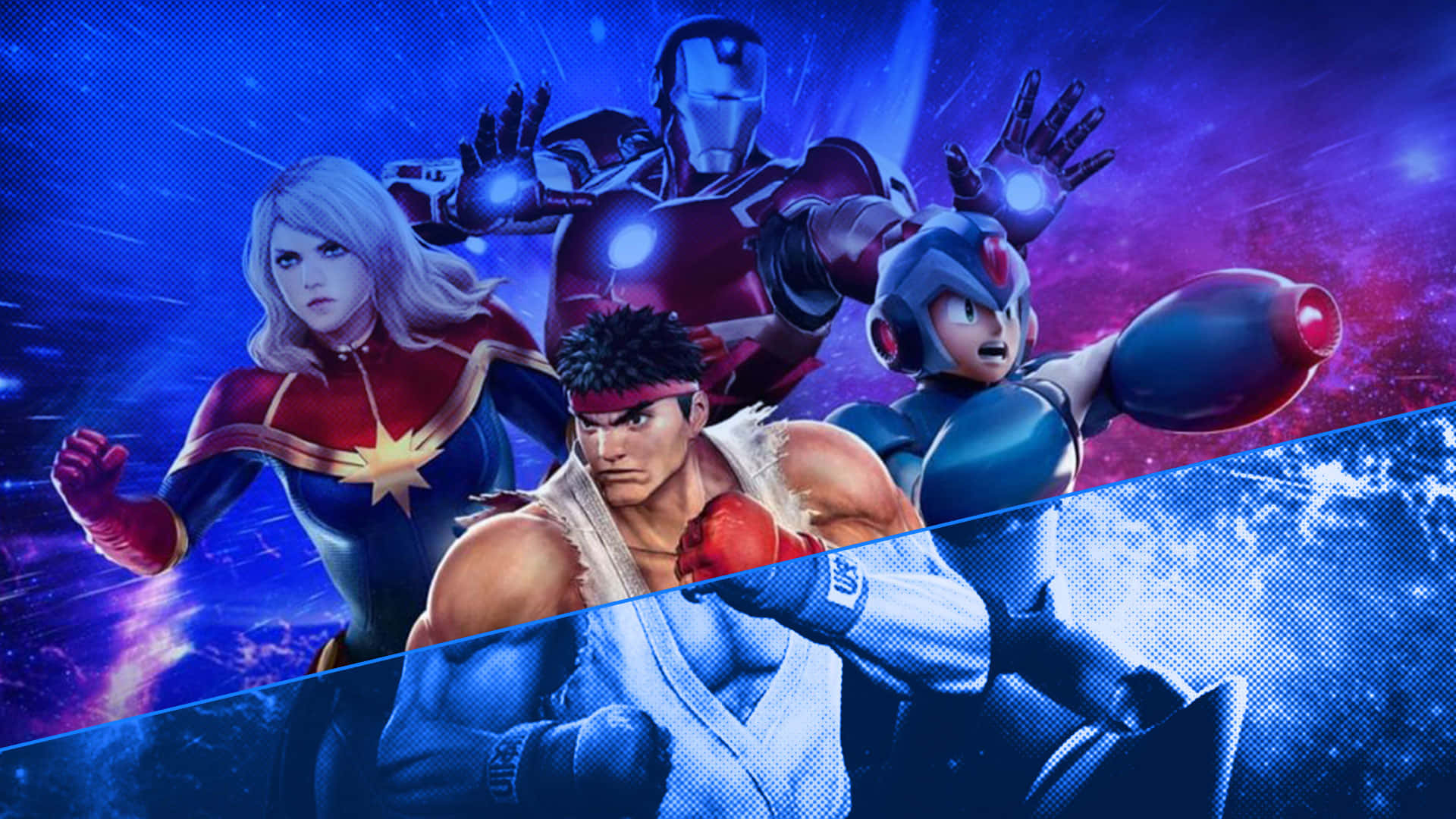 Marvel Vs Capcom Characters 桌布 壁紙 — 動漫風格嘅動態英雄，包括Captain Marvel、Iron Man同Ryu，喺宇宙藍紫色星雲背景下英勇擺姿勢。