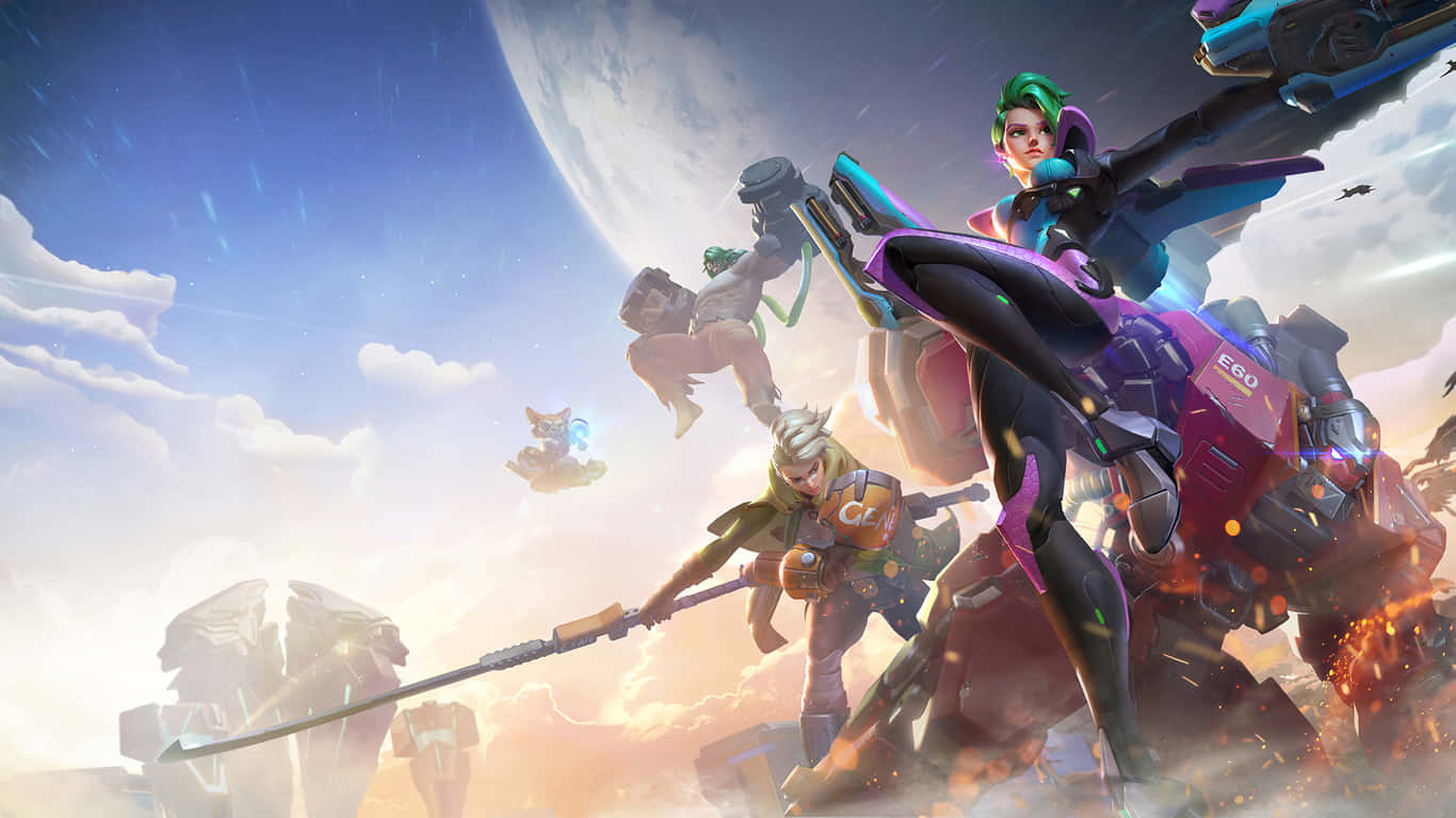 Moba Games 桌布 壁紙 — 動漫風格嘅動態英雄喺漂浮嘅碎片同巨型月亮之間，喺充滿活力嘅天空下戰鬥。