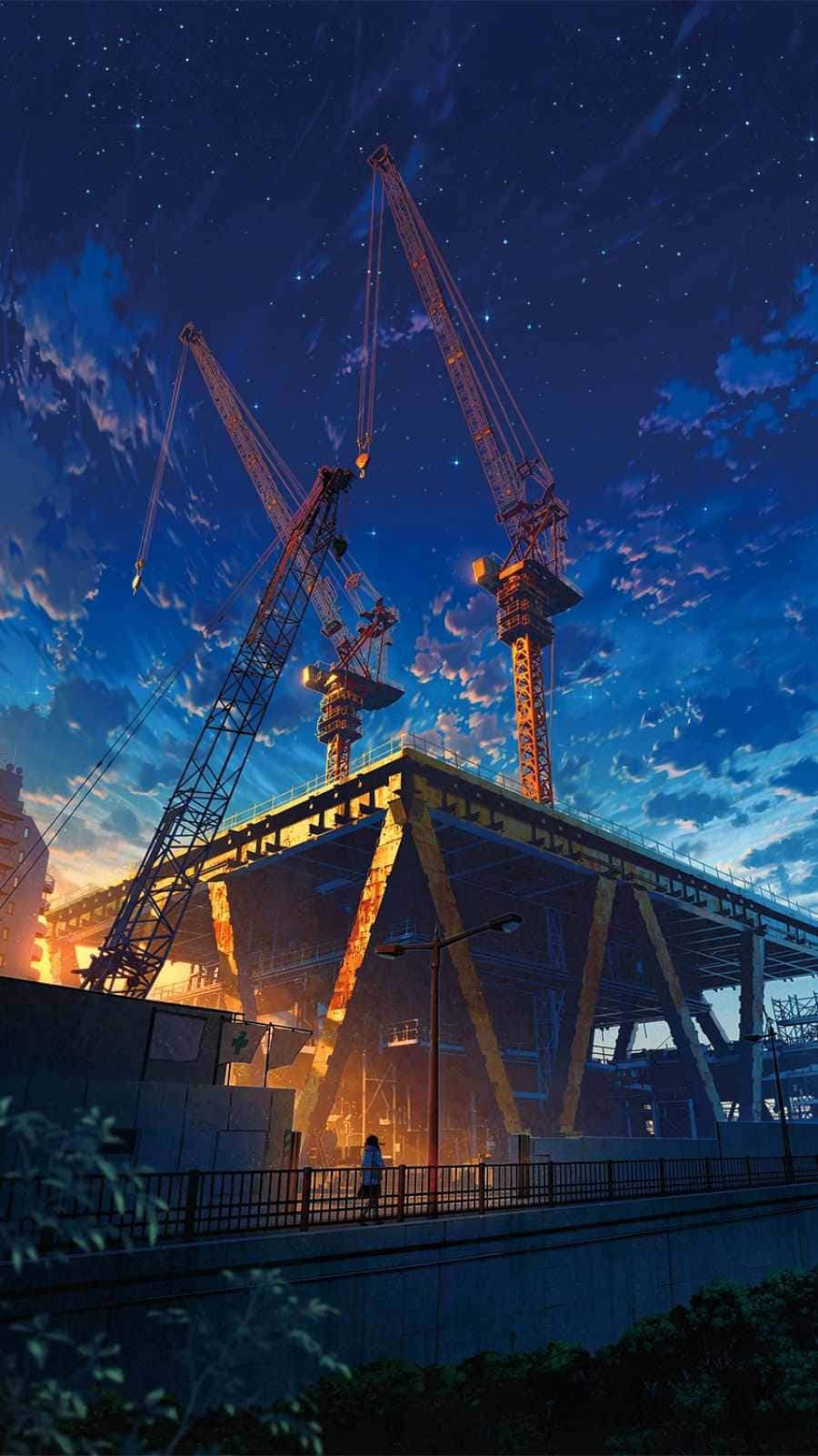 動漫風格建築工地 壁紙 — 兩座高聳的起重機在繁星點點的暮色天空下，用發光的橙色燈光照亮建築工地。