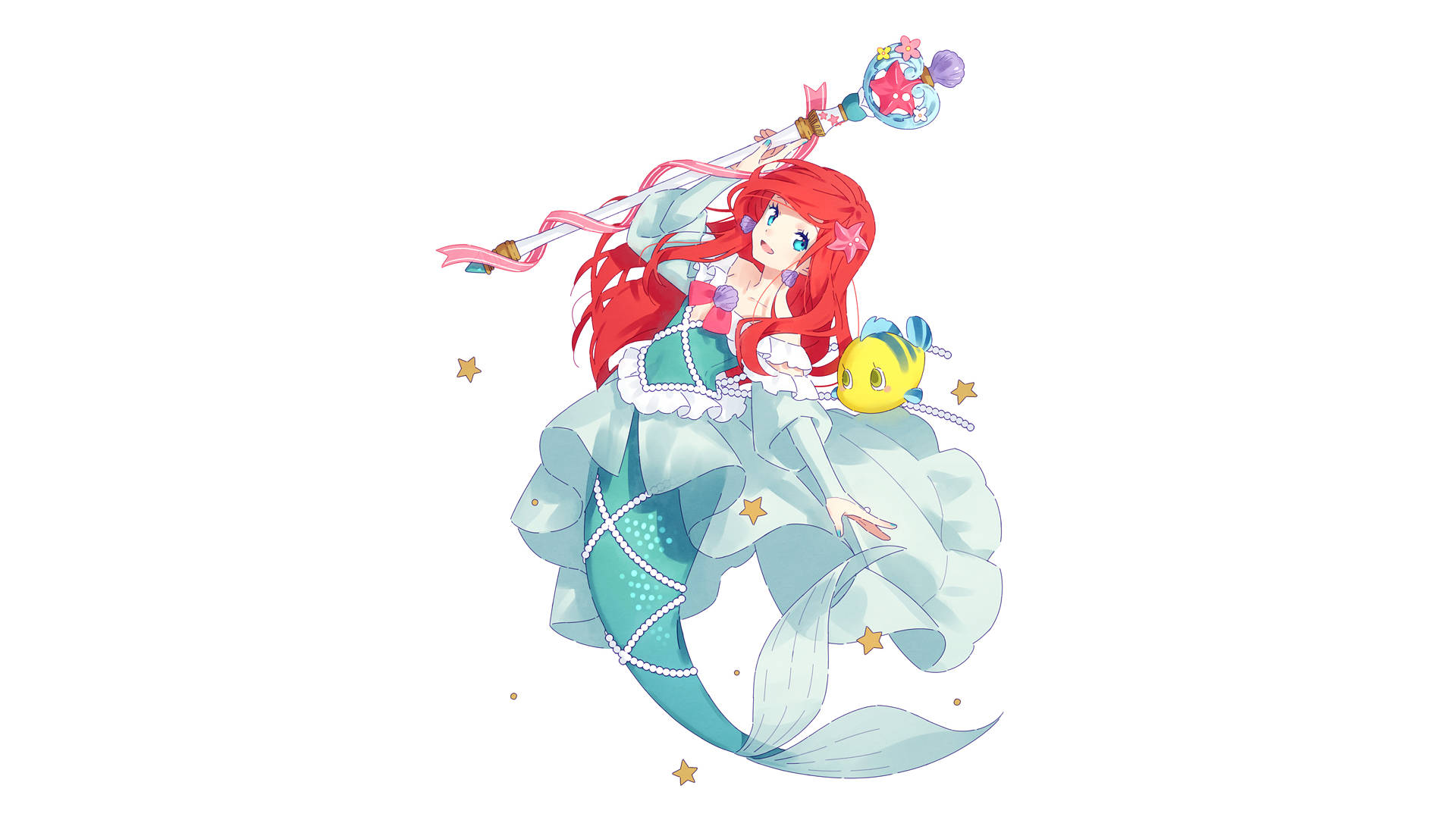 動漫美人魚，紅髮藍尾，手持魔法杖，伴有一條黃魚。