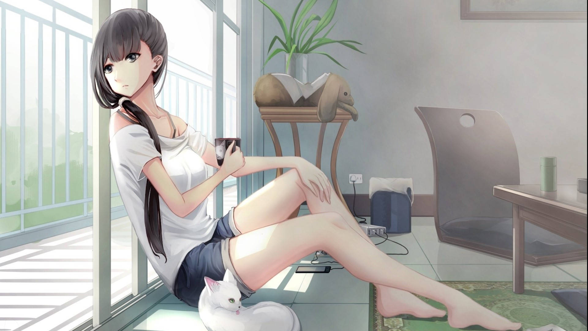 動漫女孩與貓咪在陽光充足的窗邊室內放鬆，手持咖啡杯。