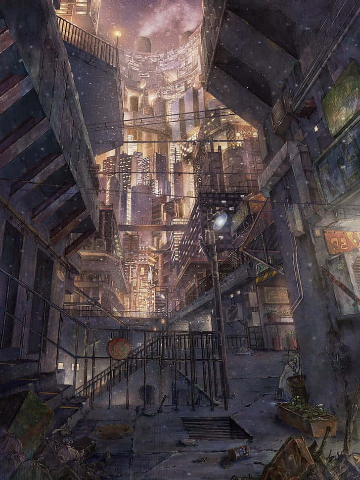 動漫風格末日城市建築 壁紙 — 從一條骯髒的小巷仰望，在繁星點點的紫色天空下，一座高聳的霓虹燈科幻城市景觀。