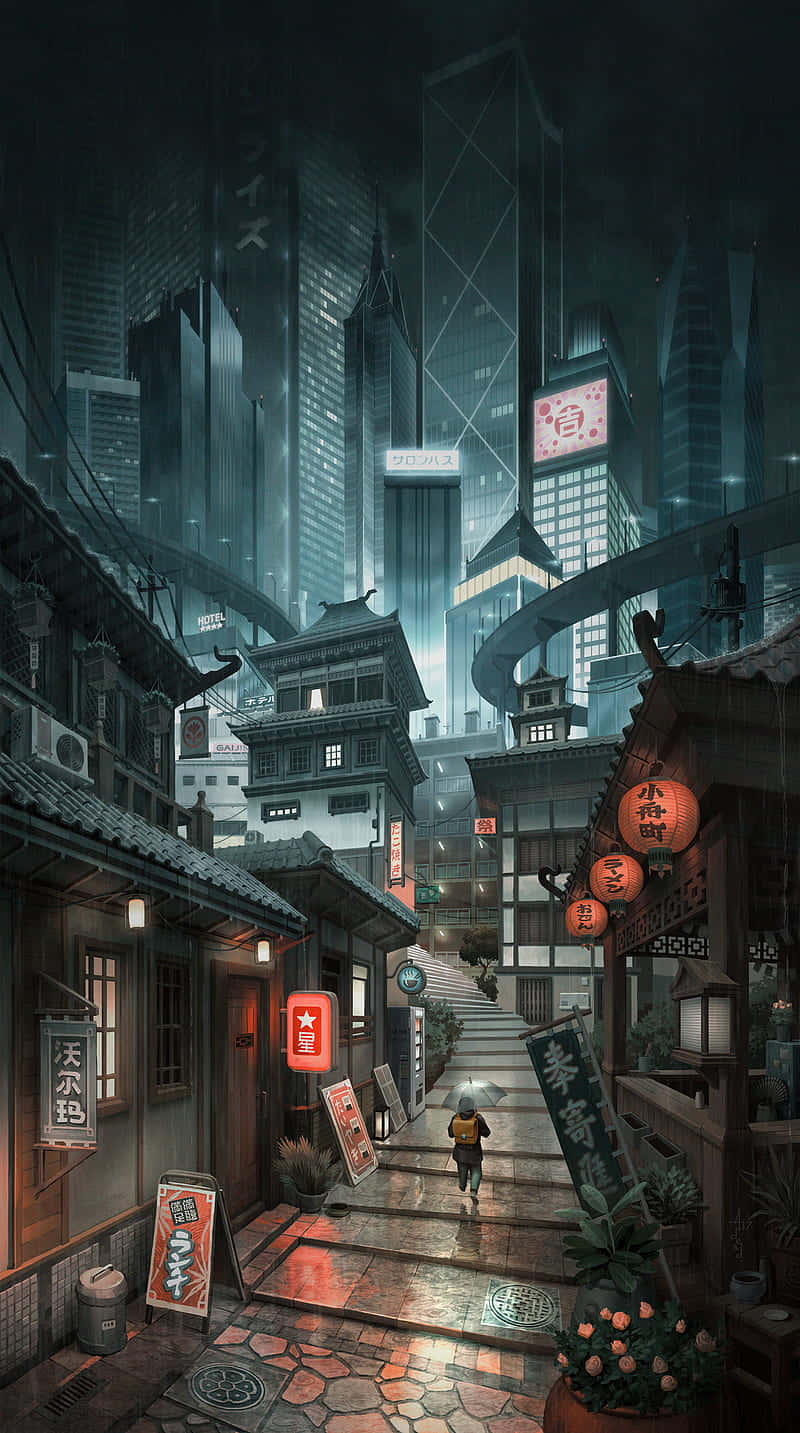 夜晚，一個人在有傳統燈籠和高聳霓虹建築的雨巷中行走。 — 東京 壁紙
