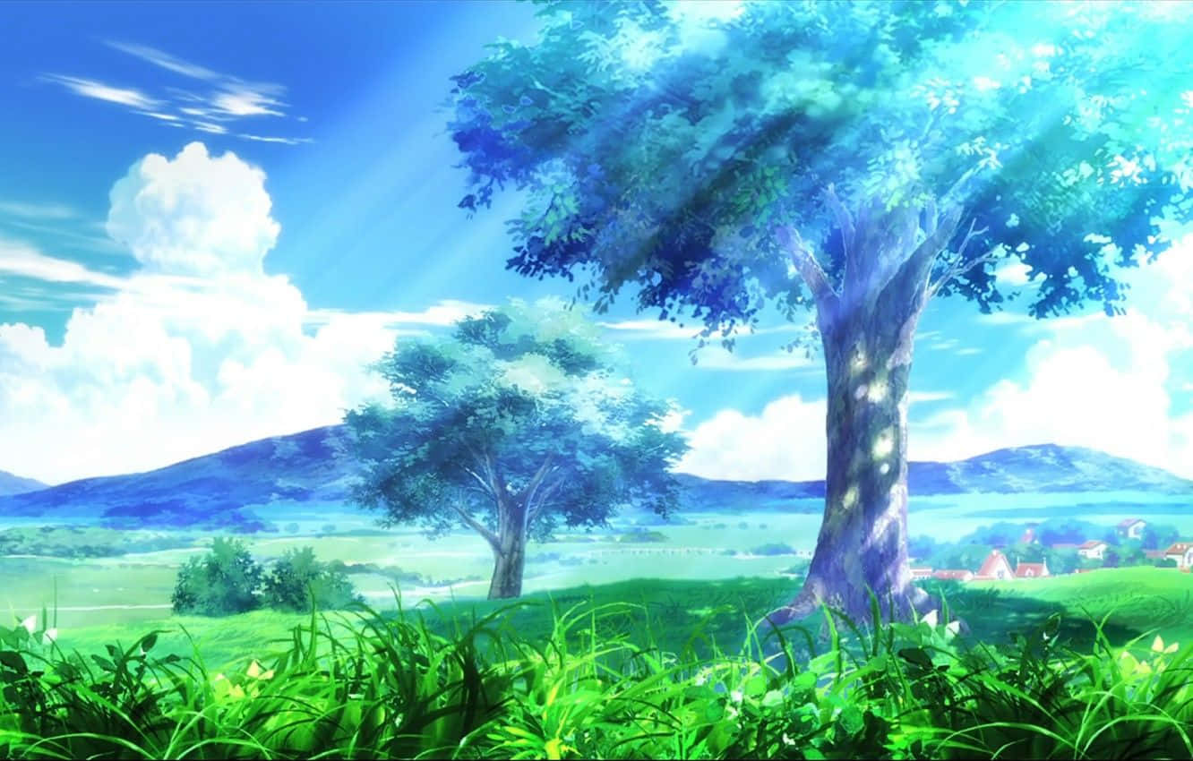 動漫風格森林草地與天空背景 壁紙 — 一棵雄偉的樹，樹葉閃閃發光，矗立在充滿活力的綠色田野中，上方是藍天白雲。