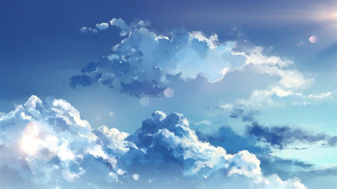 充滿活力的藍天，有蓬鬆的白雲和溫暖的陽光光暈。