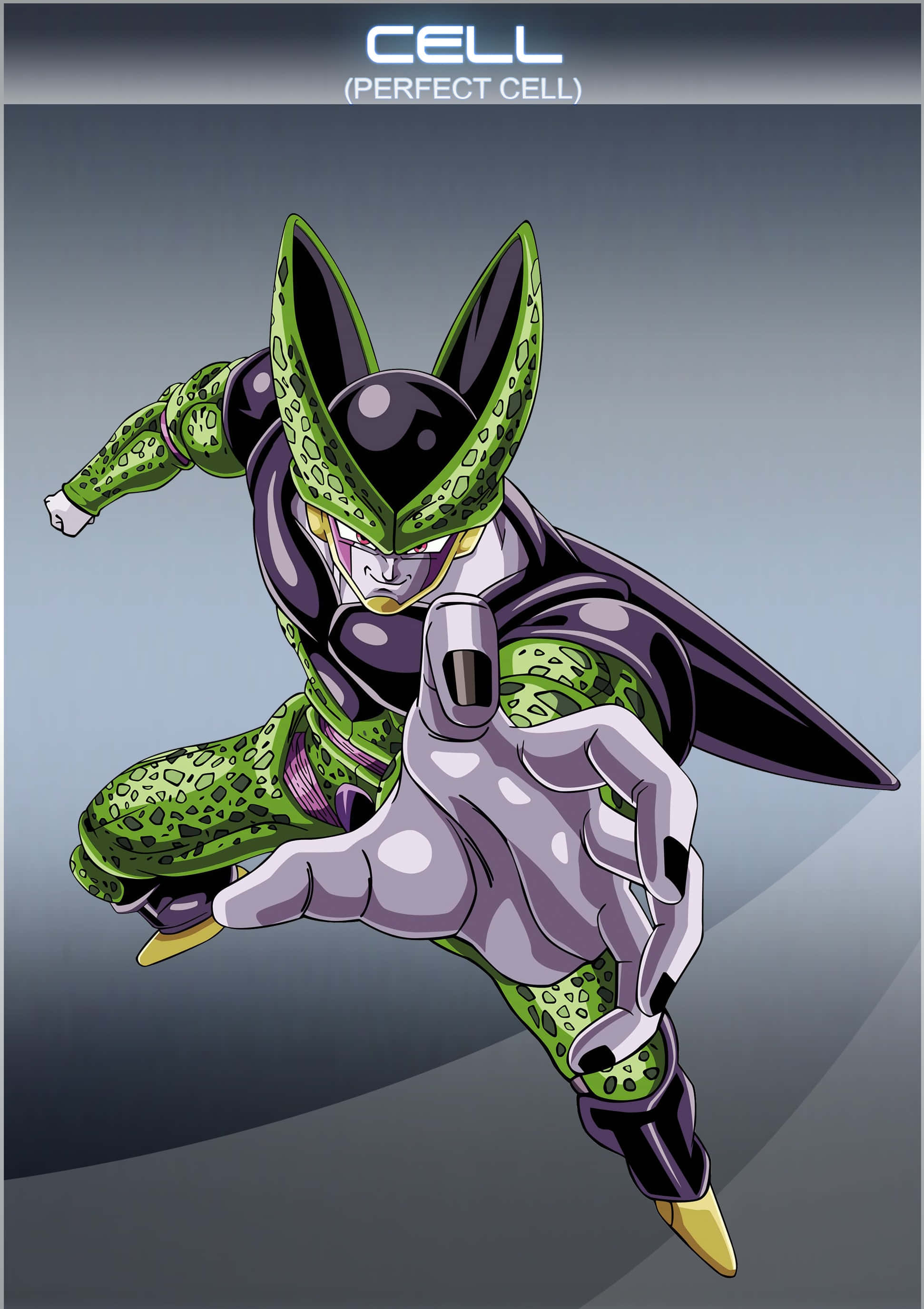 Cell Games 桌布 壁紙 — 動漫風格的完美細胞身穿綠色和紫色裝甲，在漸變灰色背景上向前躍進。
