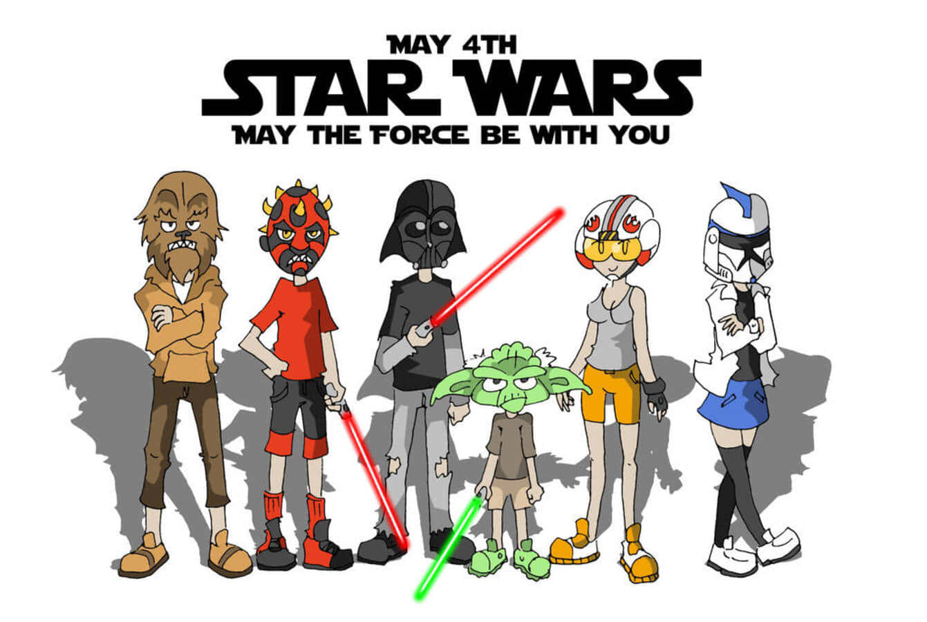 May The Force Be With You 桌布 壁紙 — 動漫風格的星際大戰角色站在白色背景前，手持光劍，並帶有May the Force be with You文字。