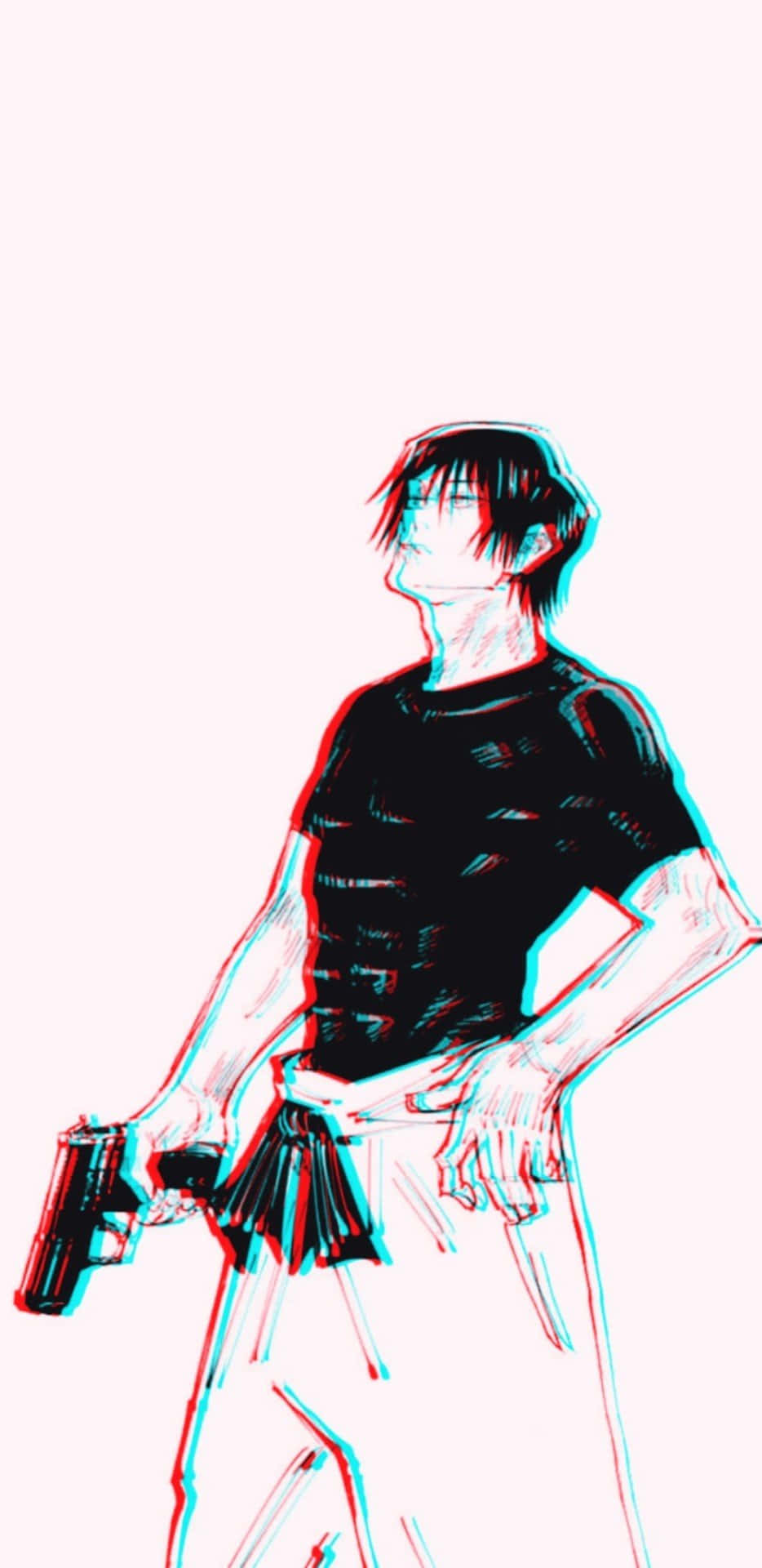 Toji Fushiguro 桌布 壁紙 — 動漫風格的男性角色穿著黑色襯衫，手持槍枝，帶有紅色和青色的立體3D效果，背景為淡粉色。