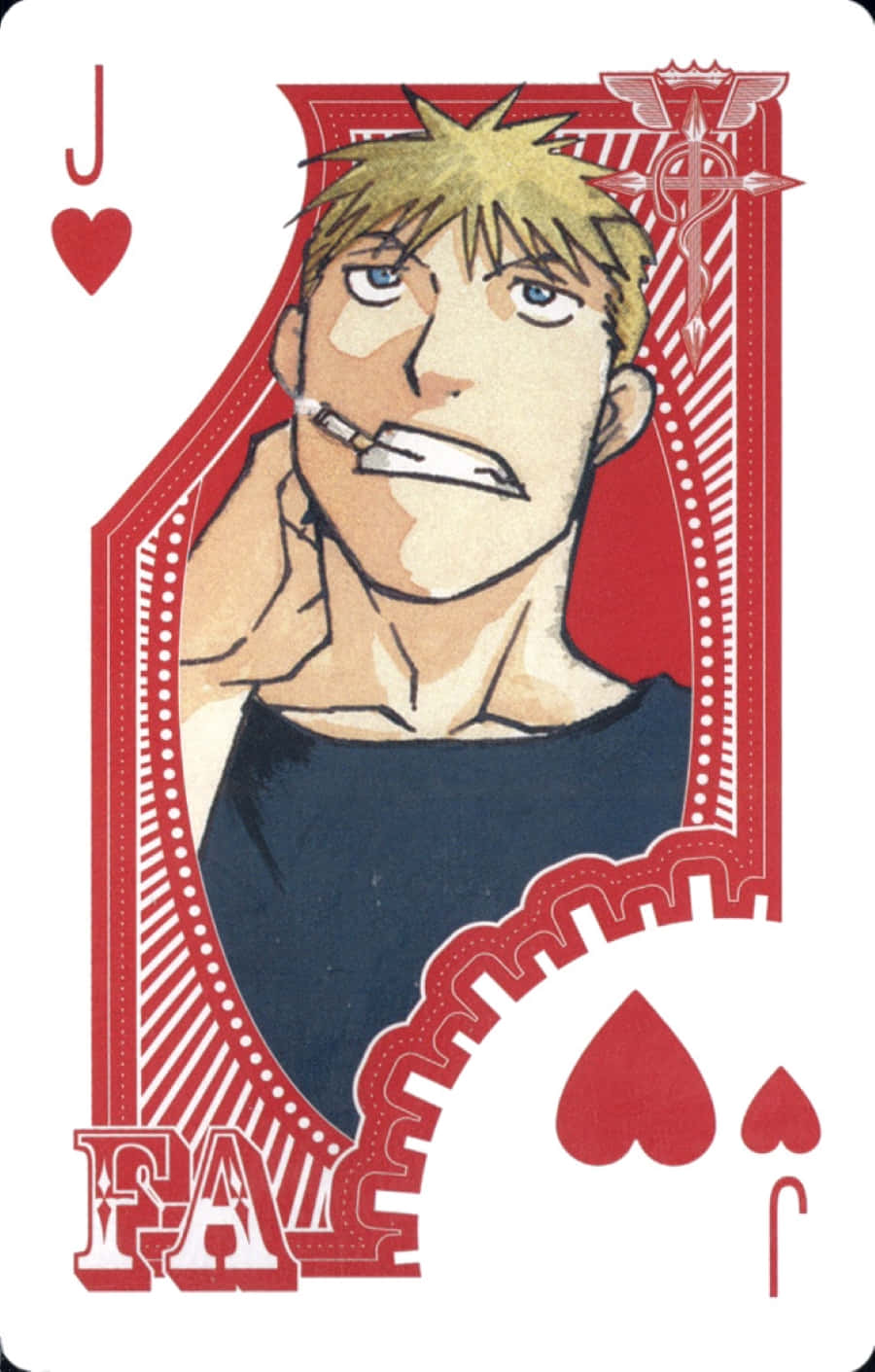 Jean Havoc 桌布 壁紙 — 動漫風格的紅心J牌，金髮男子嘴裡叼著香煙，背景是紅色華麗邊框。