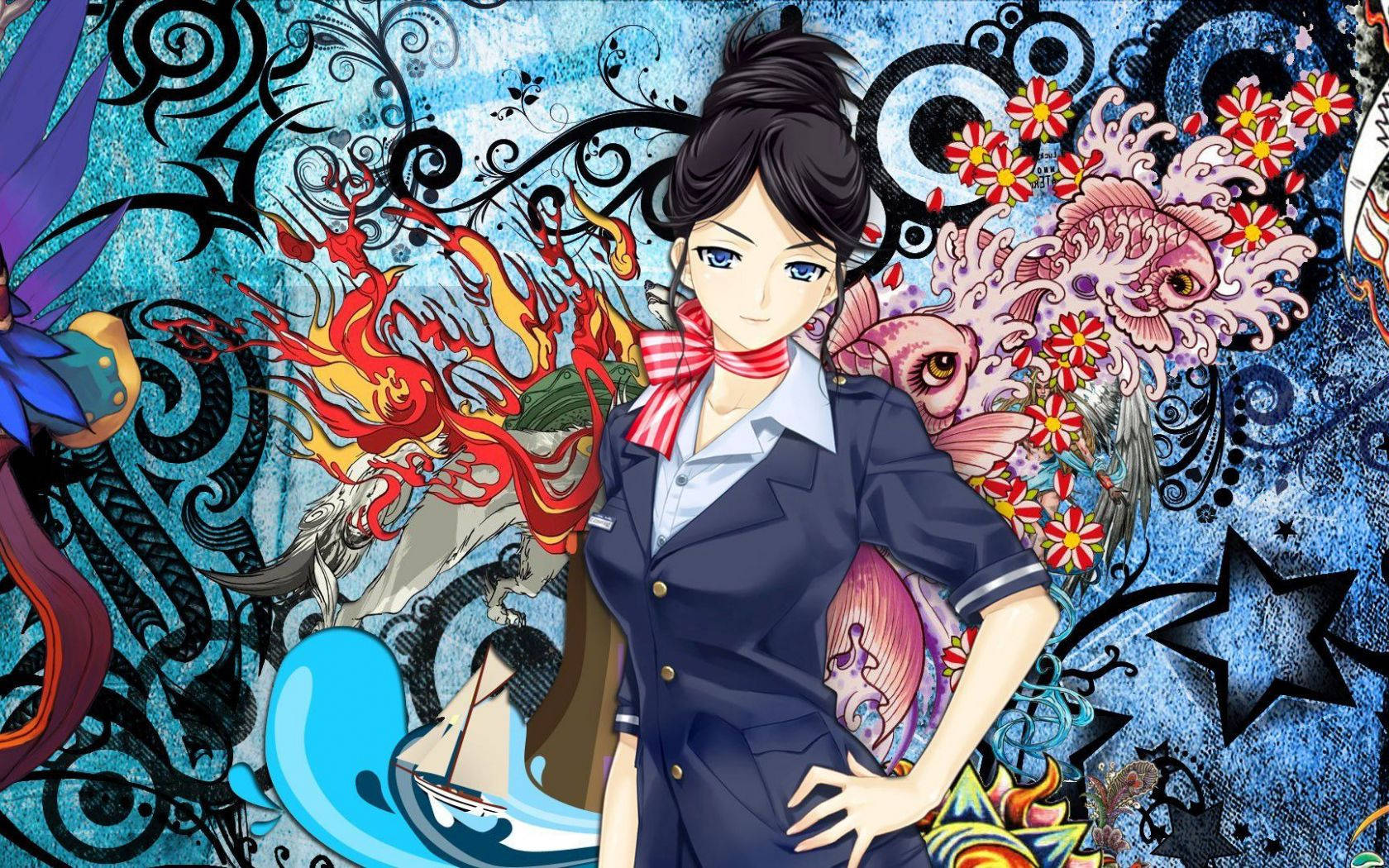 穿著制服的動漫女孩被奇幻生物和華麗圖案包圍。