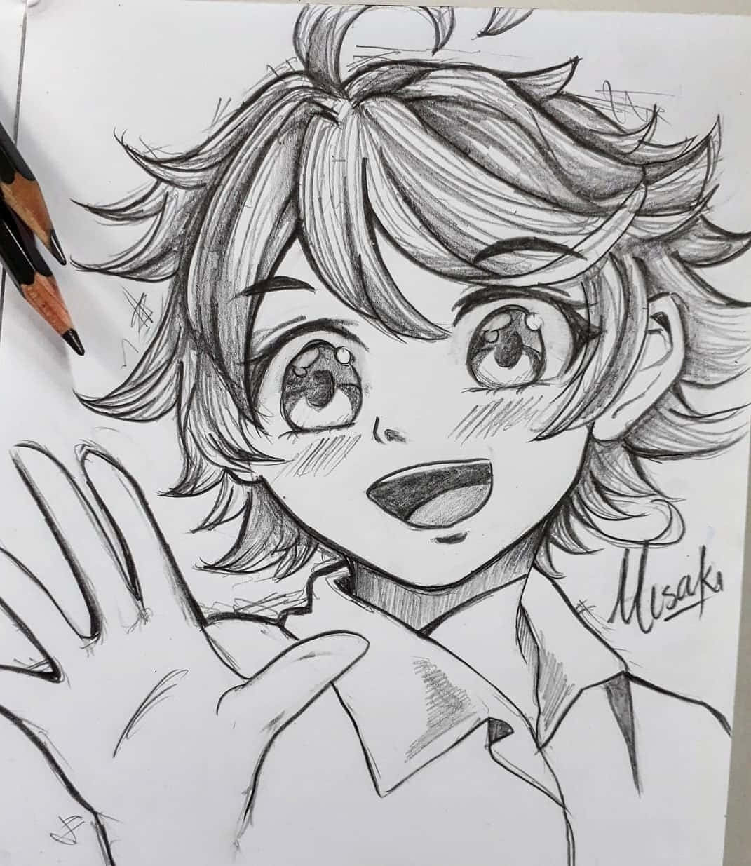 動漫風格素描圖 壁紙 — 一幅詳細的鉛筆素描，描繪一個擁有表情豐富的眼睛和尖刺頭髮的動漫角色在紙上愉快地揮手。