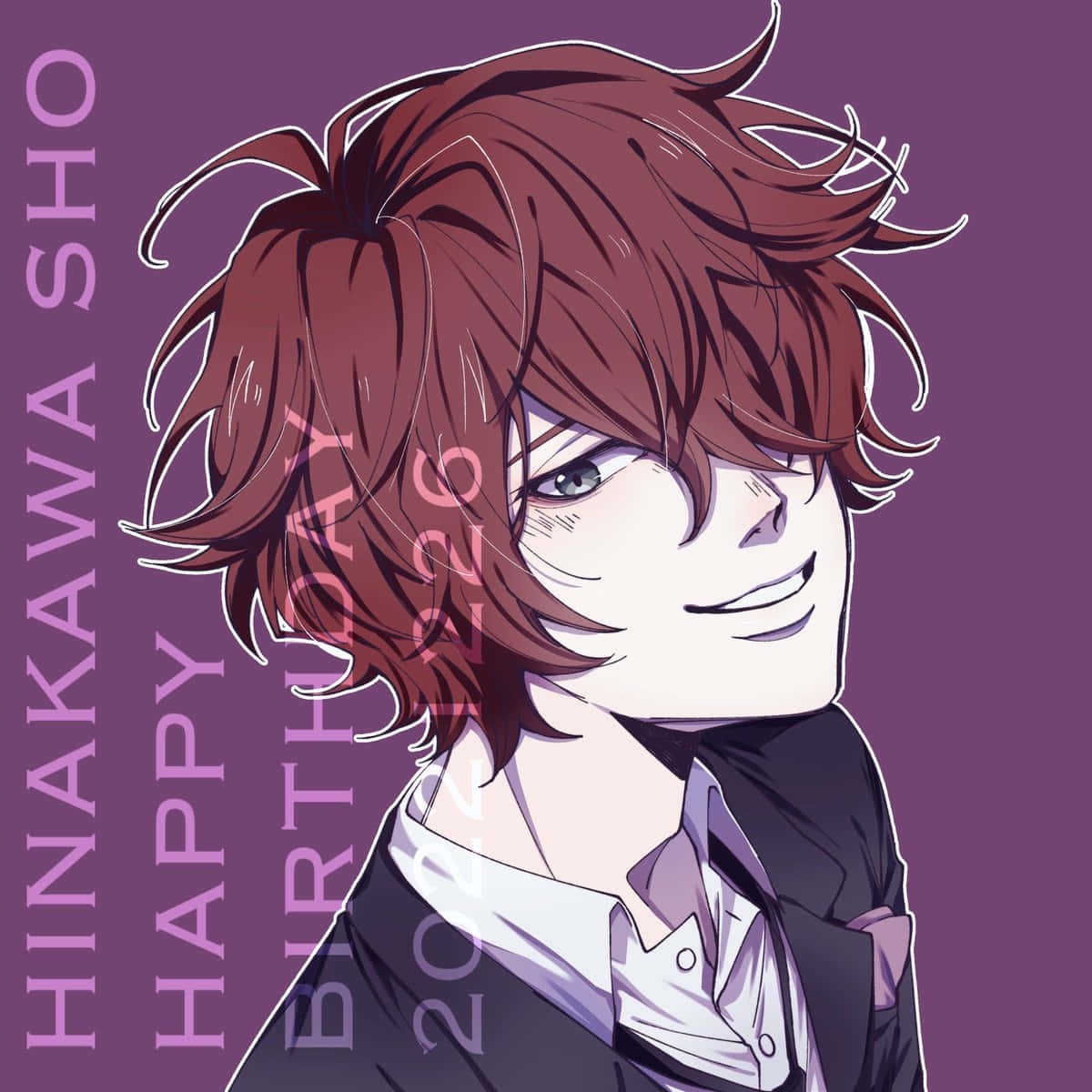 Sho Hinakawa 桌布 壁紙 — 動漫風格肖像，一個微笑的年輕男子，棕色亂髮，背景為純紫色。