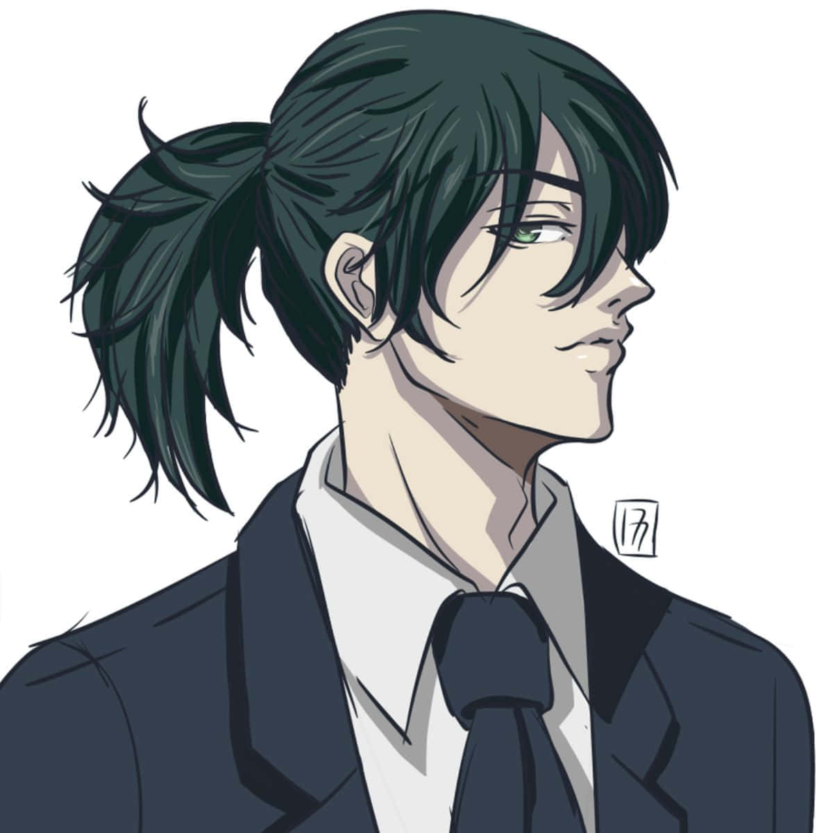 Nobuchika Ginoza 桌布 壁紙 — 動漫風格肖像，一名年輕男子擁有深綠色馬尾辮和綠色眼睛，身穿深色西裝打領帶。