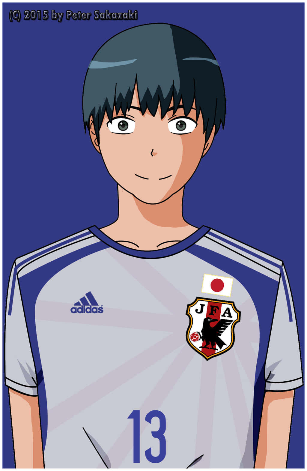 Yusaku Kitamura 桌布 壁紙 — 動漫風格肖像，一名年輕男性足球員身穿日本國家隊13號球衣，背景為純藍色。