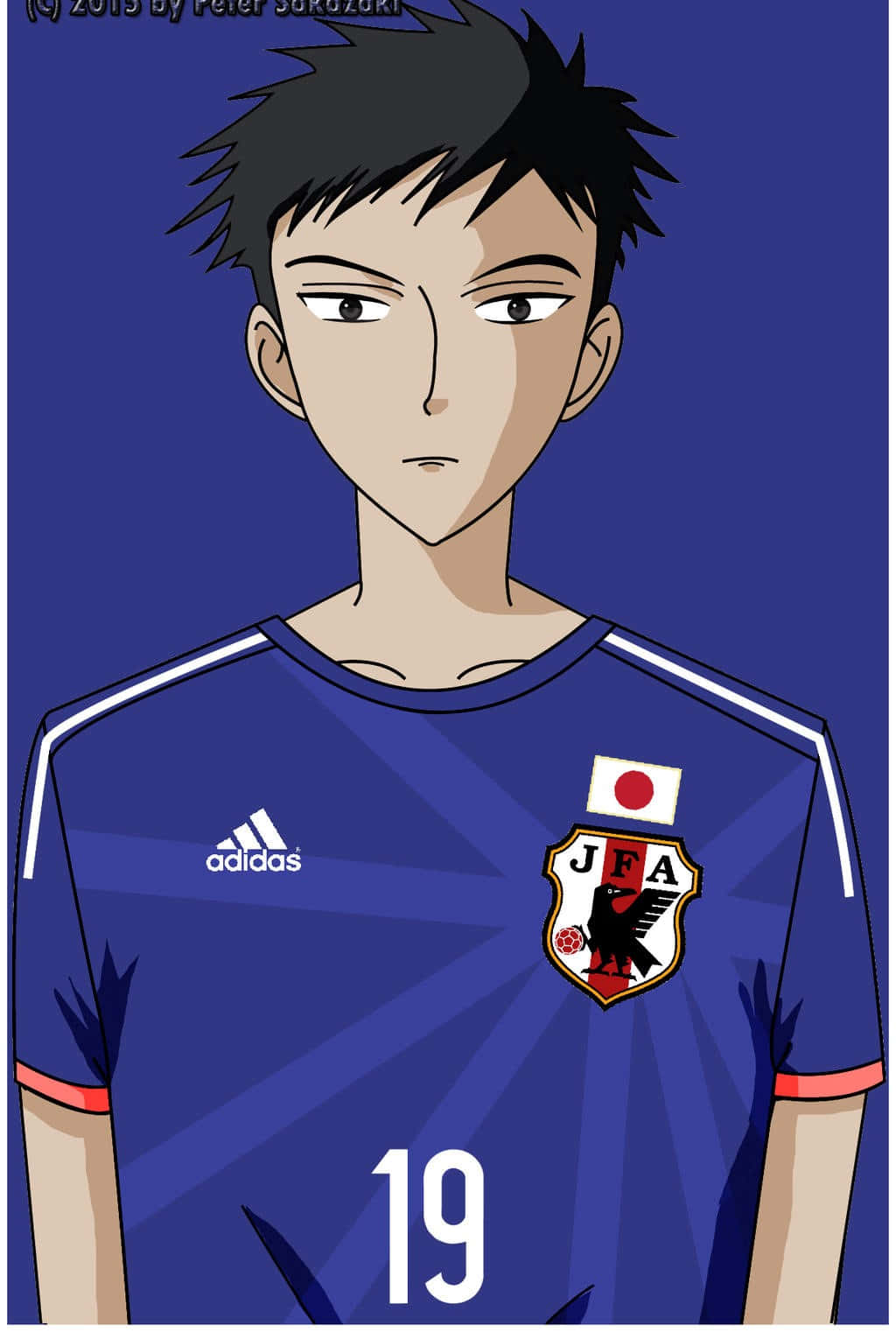 Takashi Morinozuka 桌布 壁紙 — 動漫風格肖像，描繪一位身穿藍色JFA球衣、背號19的日本足球員，背景為純藍色。