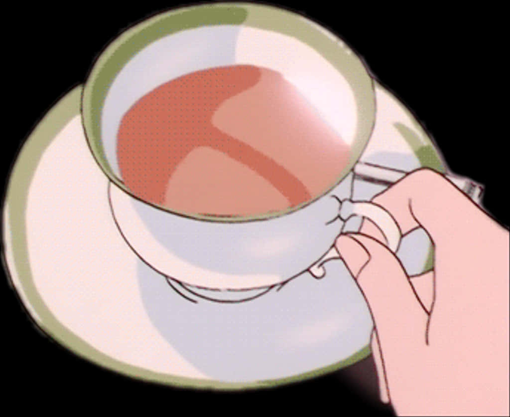 動漫風格茶杯手 壁紙 — 一隻手輕輕地拿著一個帶有綠色邊緣的白色茶杯，裡面裝著琥珀色的茶，背景是純黑色。