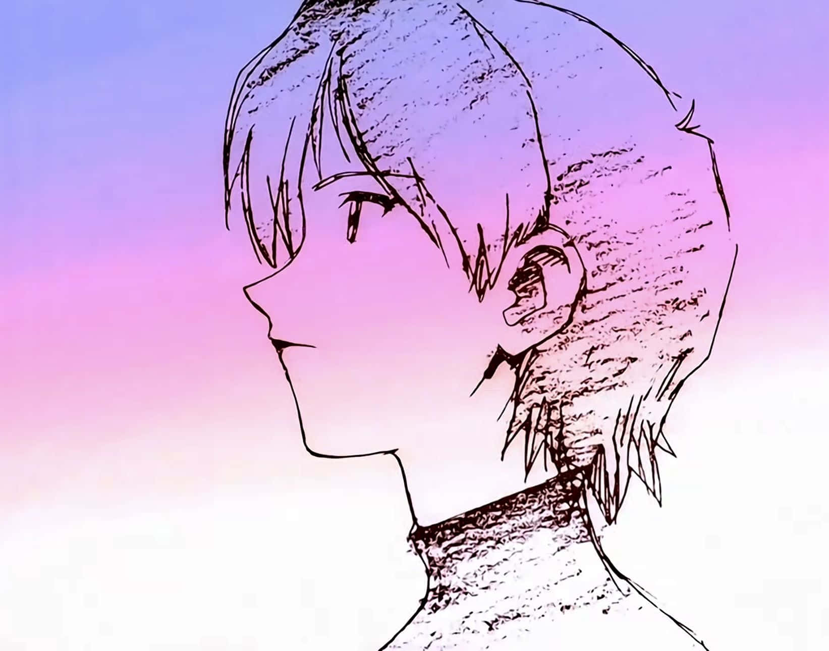 Yui Ikari 桌布 壁紙 — 動漫風格草圖，描繪一位年輕人側面，背景為柔和紫色和粉紅色的漸變天空。