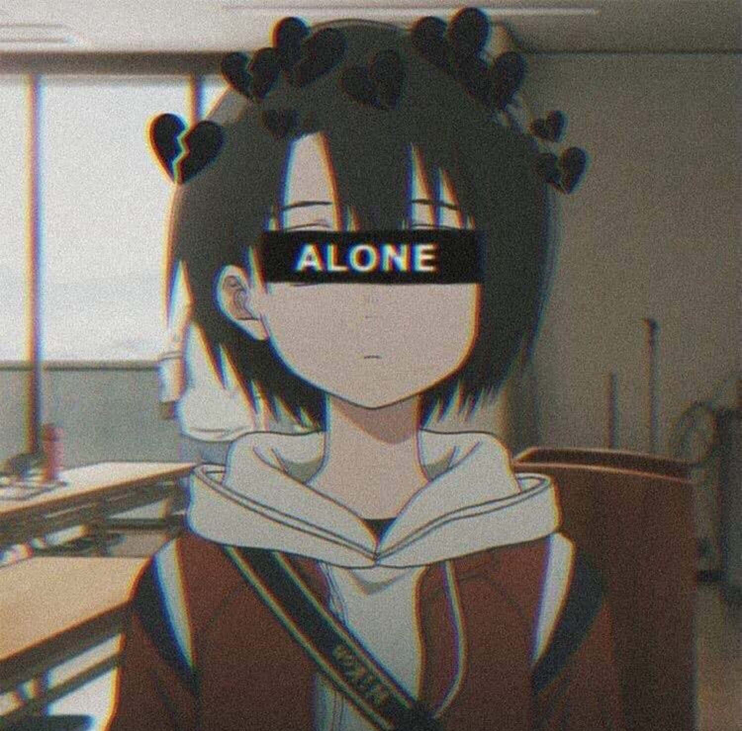 動漫風格頭像藝術 壁紙 — 在教室中，戴著心形髮夾、眼睛上有「ALONE」字樣的動漫女孩。