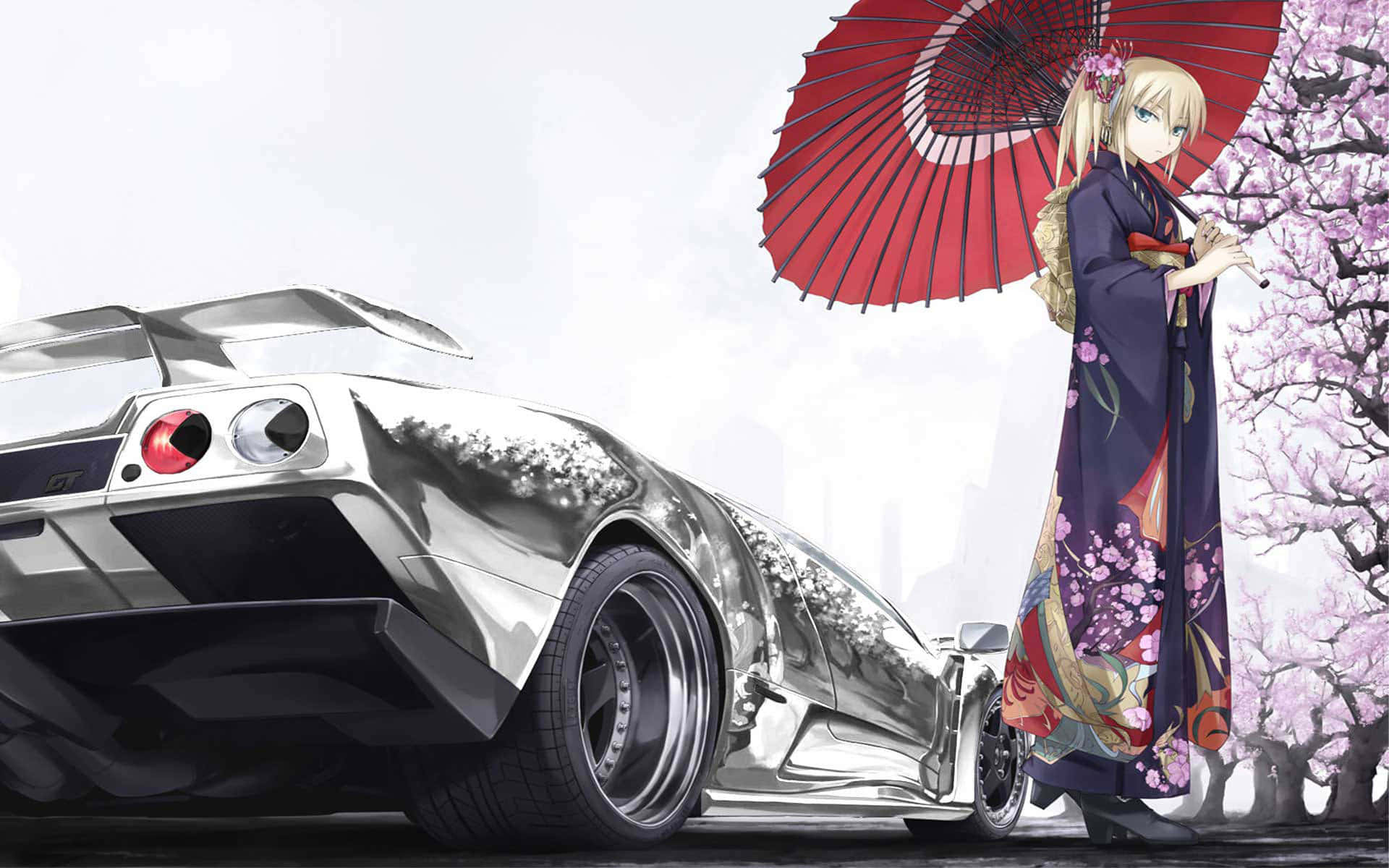 動漫風與寫實感交融的經典跑車插畫 壁紙 — 一位金髮動漫女孩穿著櫻花和服，在蒼白的天空下，在一輛時尚的銀色跑車旁邊撐著一把紅傘。