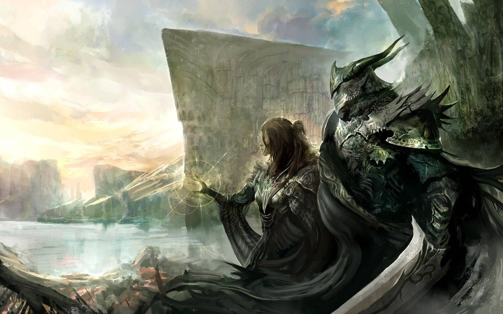奇幻戰士和龍在日落時靠近湖泊的發光圈旁。