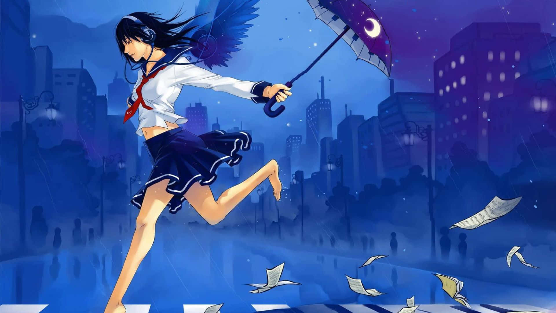 動漫高中女生雨中奔跑背景 壁紙 — 一個穿著校服的女孩在雨夜的城市中奔跑，手持新月雨傘，紙張在她周圍飛舞。