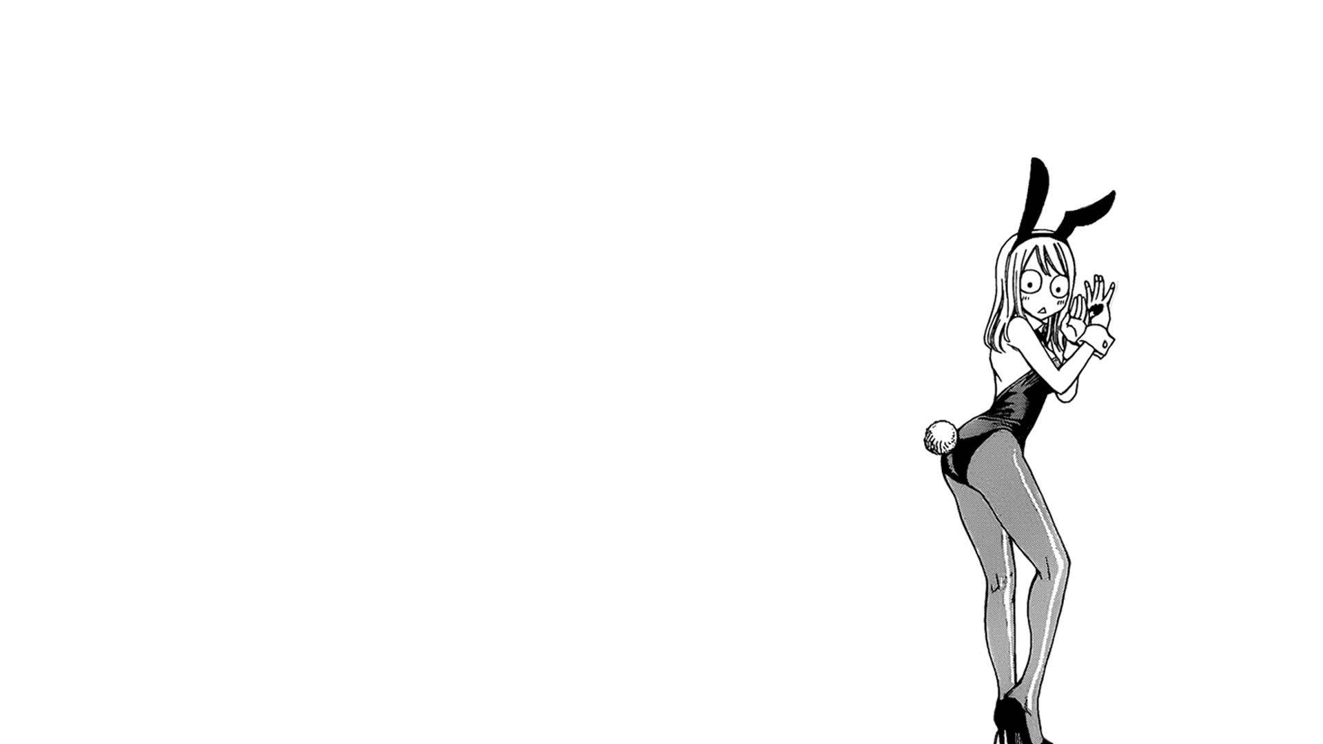 動漫女孩穿兔女郎服裝揮手，表情驚訝。