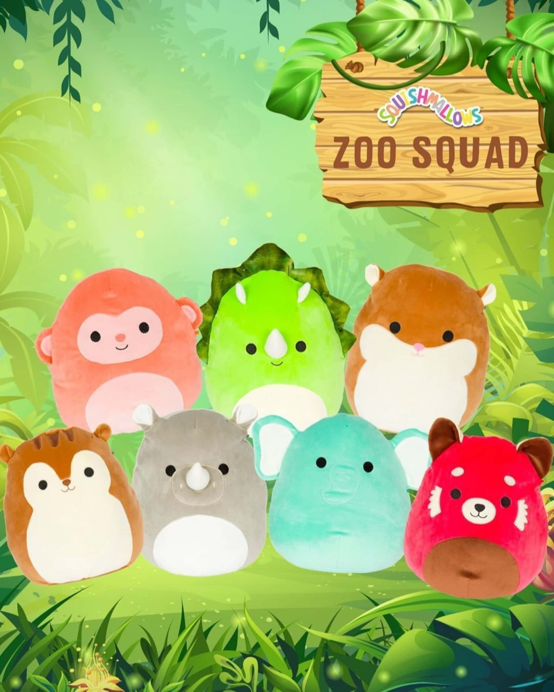 動物園小隊 Squishmallow 壁紙 — 六個色彩繽紛的毛絨動物角色，圓圓的眼睛和柔軟的質感，在茂密的綠色叢林環境中愉快地擺姿勢。