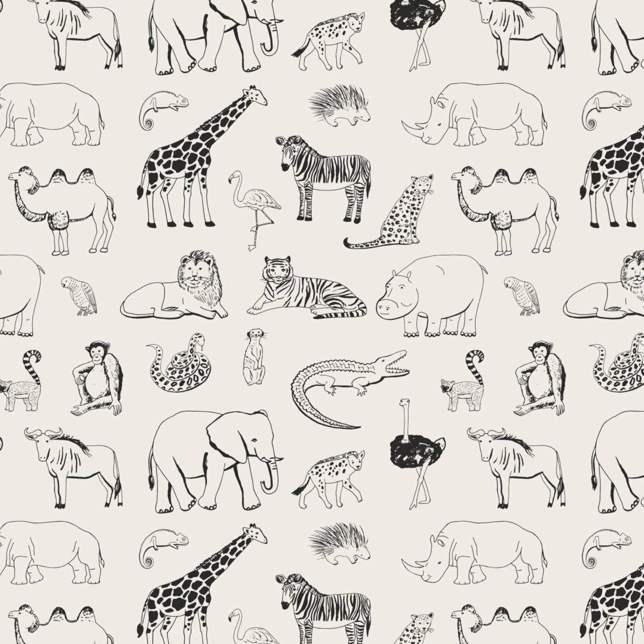 米色背景上的黑白動物插圖圖案。