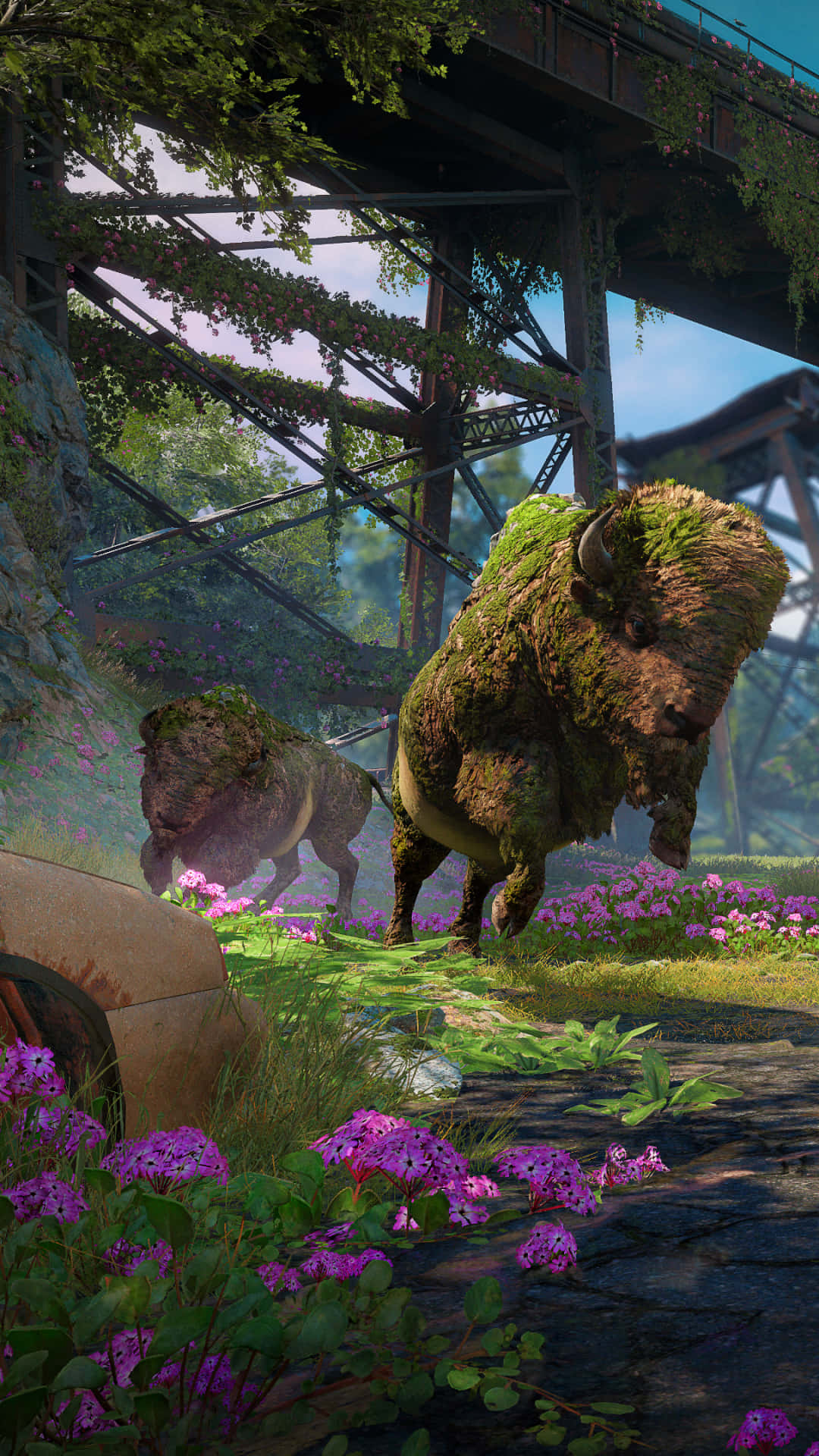 動物形象背景：Far Cry New Dawn Pixel 3 壁紙 — 兩頭長滿苔蘚的野牛在生鏽且雜草叢生的橋樑下，穿過一片生機勃勃的紫色花田。