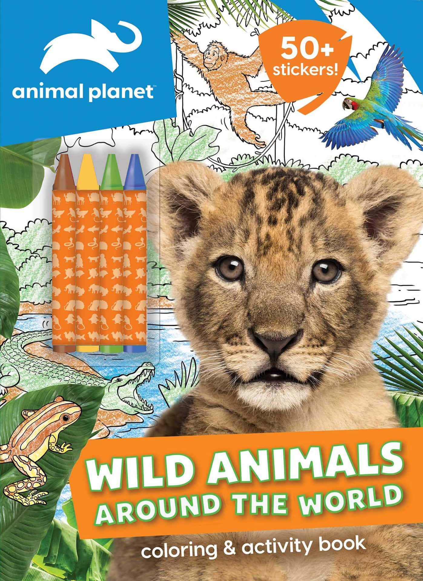 獅子BB喺兒童填色同活動書封面，上面有叢林動物同蠟筆。