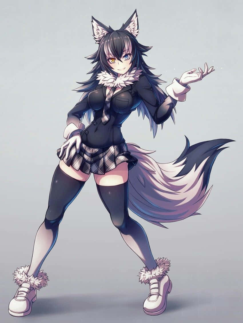 有狐狸耳朵和尾巴的動漫女孩穿著校服擺姿勢。