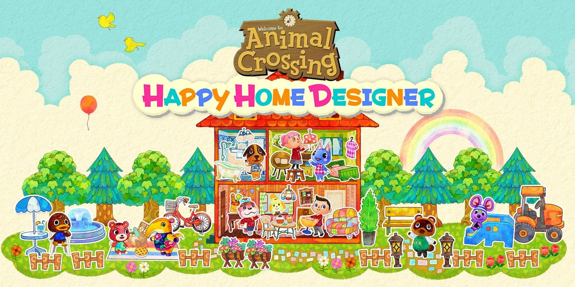 卡通動物在Animal Crossing Happy Home Designer遊戲場景中裝飾房子。