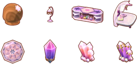 動物森友會水晶收藏品 壁紙 — 一系列魔法奇幻物品，包括獨角獸床、水晶櫃和發光的紫色水晶，背景為黑色。