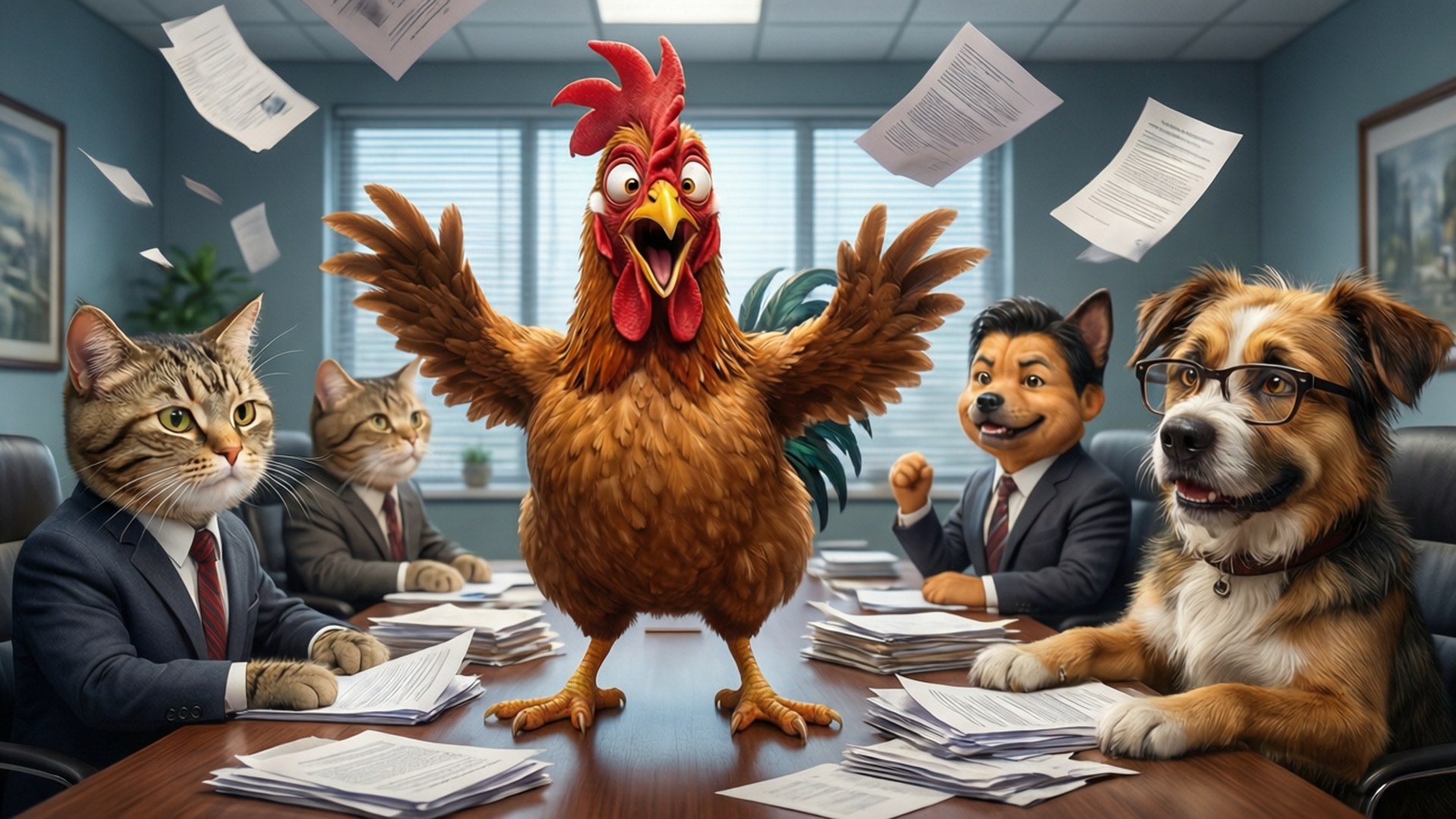 穿著西裝的動物在混亂的辦公室會議中，文件四處飛揚。