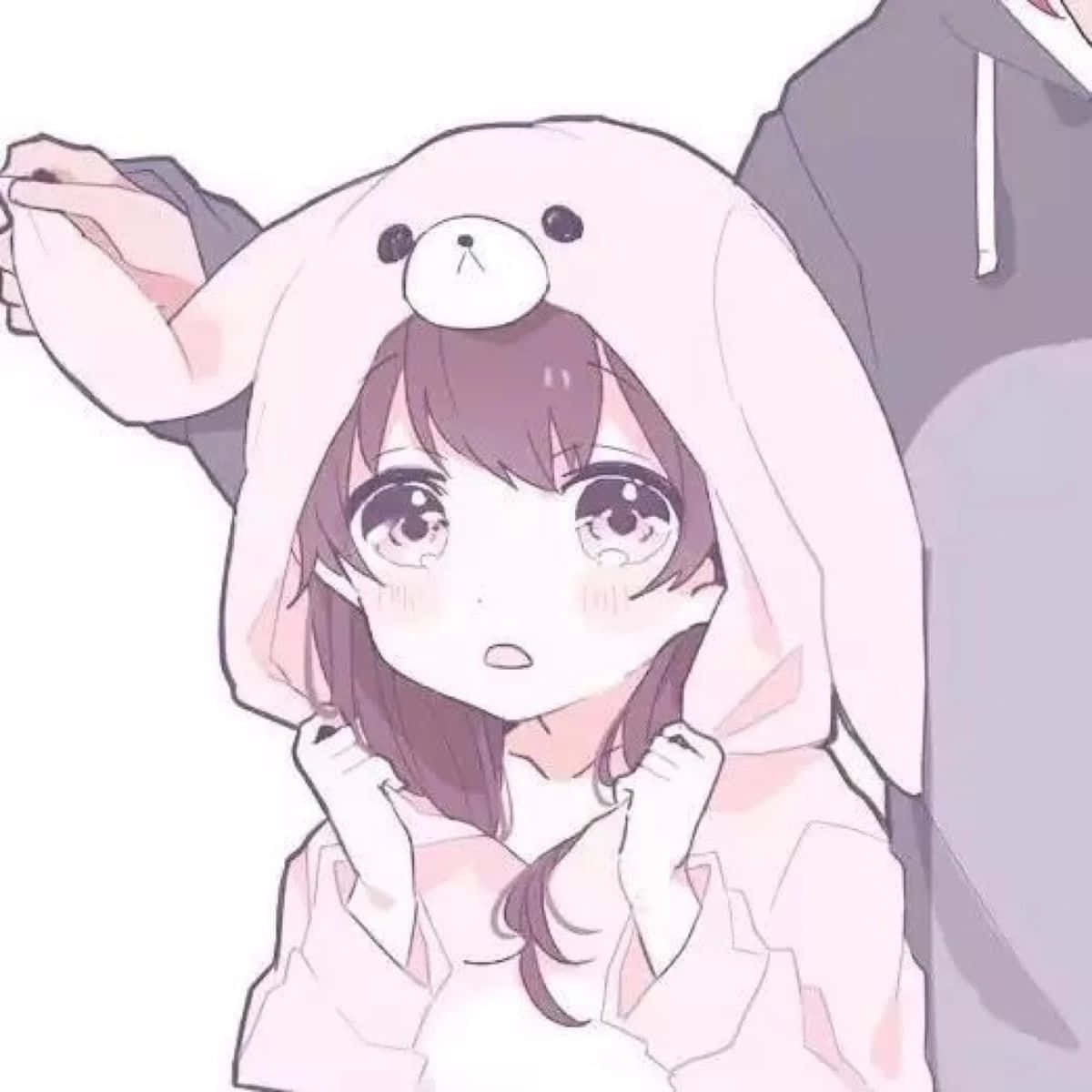 動物連帽衫女孩配對頭像 壁紙 — 一個可愛的動漫女孩穿著粉紅色兔子連帽衫，睜大眼睛、臉頰泛紅，看起來很驚訝。