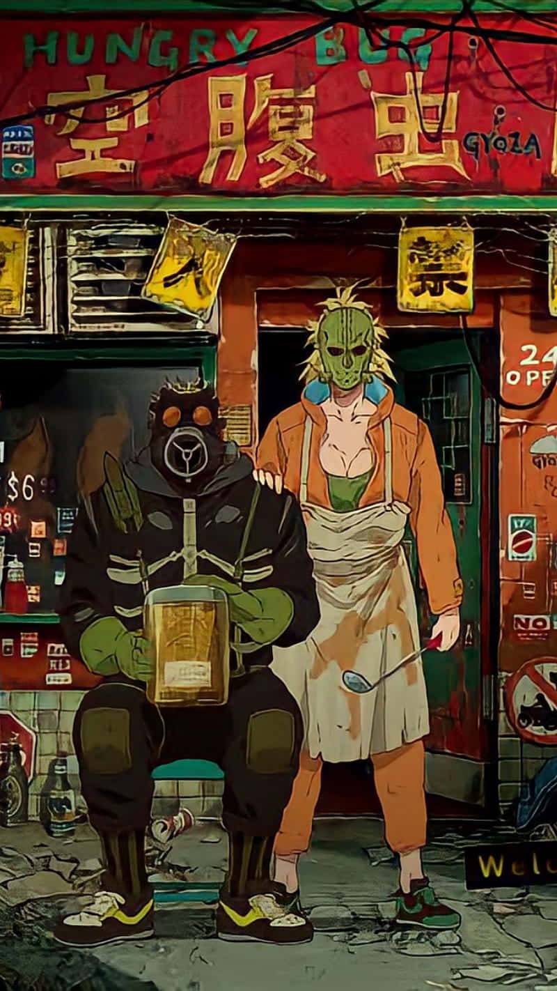 兩個戴面具的動漫角色站在霓虹燈閃爍的拉麵店外，帶有塗鴉。
