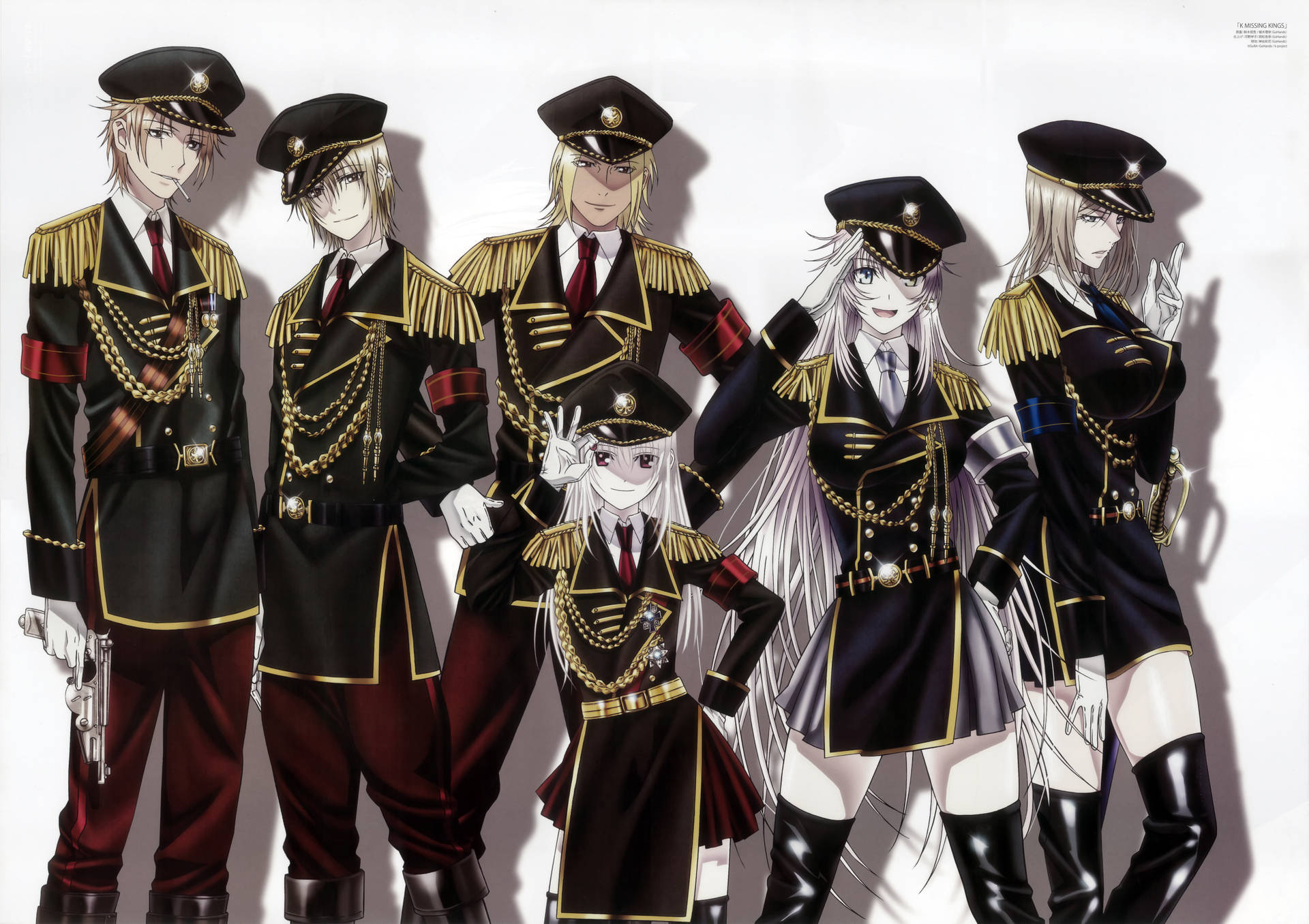 動畫《K》華麗黑制服角色 壁紙 — 六個動漫角色穿著華麗的黑金軍裝，在純白背景前自信地擺姿勢。