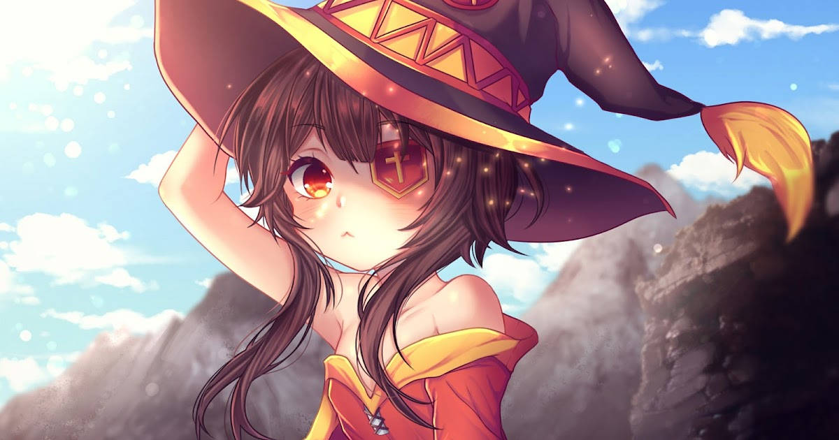 動漫女巫，紅眼睛，戴寬帽，站在明亮的天空下，岩石峭壁前。 — 動漫動態圖 壁紙