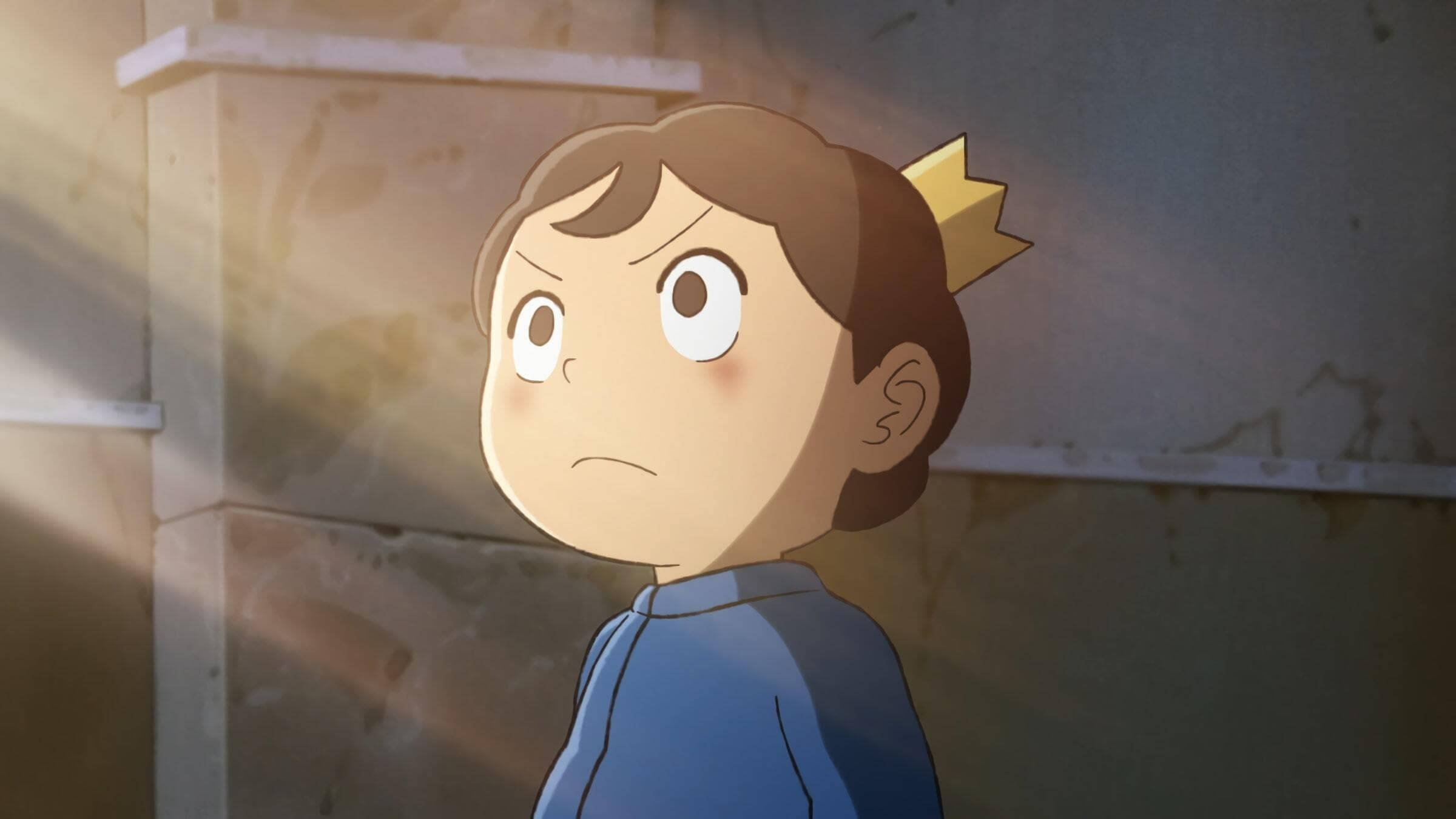 動畫《Ranking of Kings》主角王子Bojji 壁紙 — 一個頭戴細小王冠的年輕動漫男孩，在陽光照射、灰塵飛揚的房間裡憂慮地向上看。