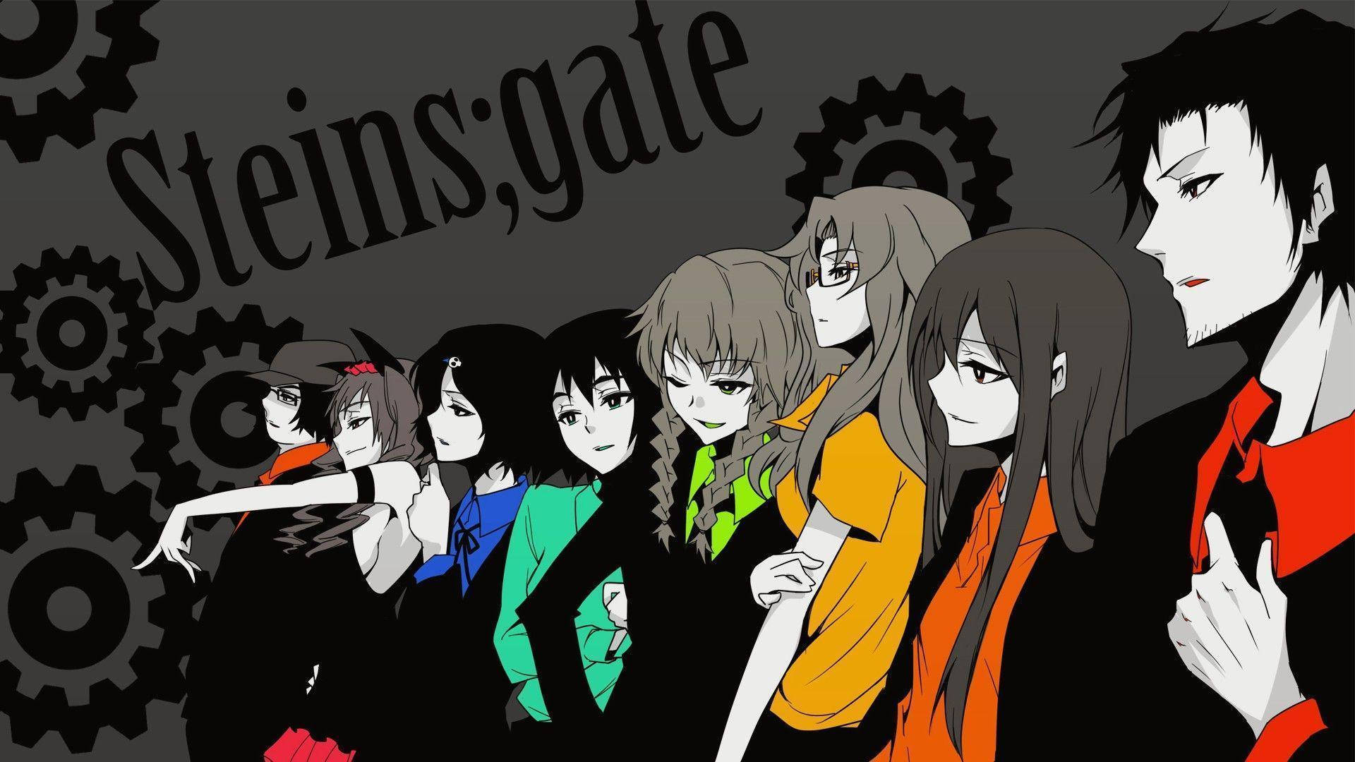 動畫《Steins;Gate》色彩繽紛角色 壁紙 — 一群來自《命運石之門》的動畫角色站在深色背景前，背景有機械齒輪和風格化字體的標題。