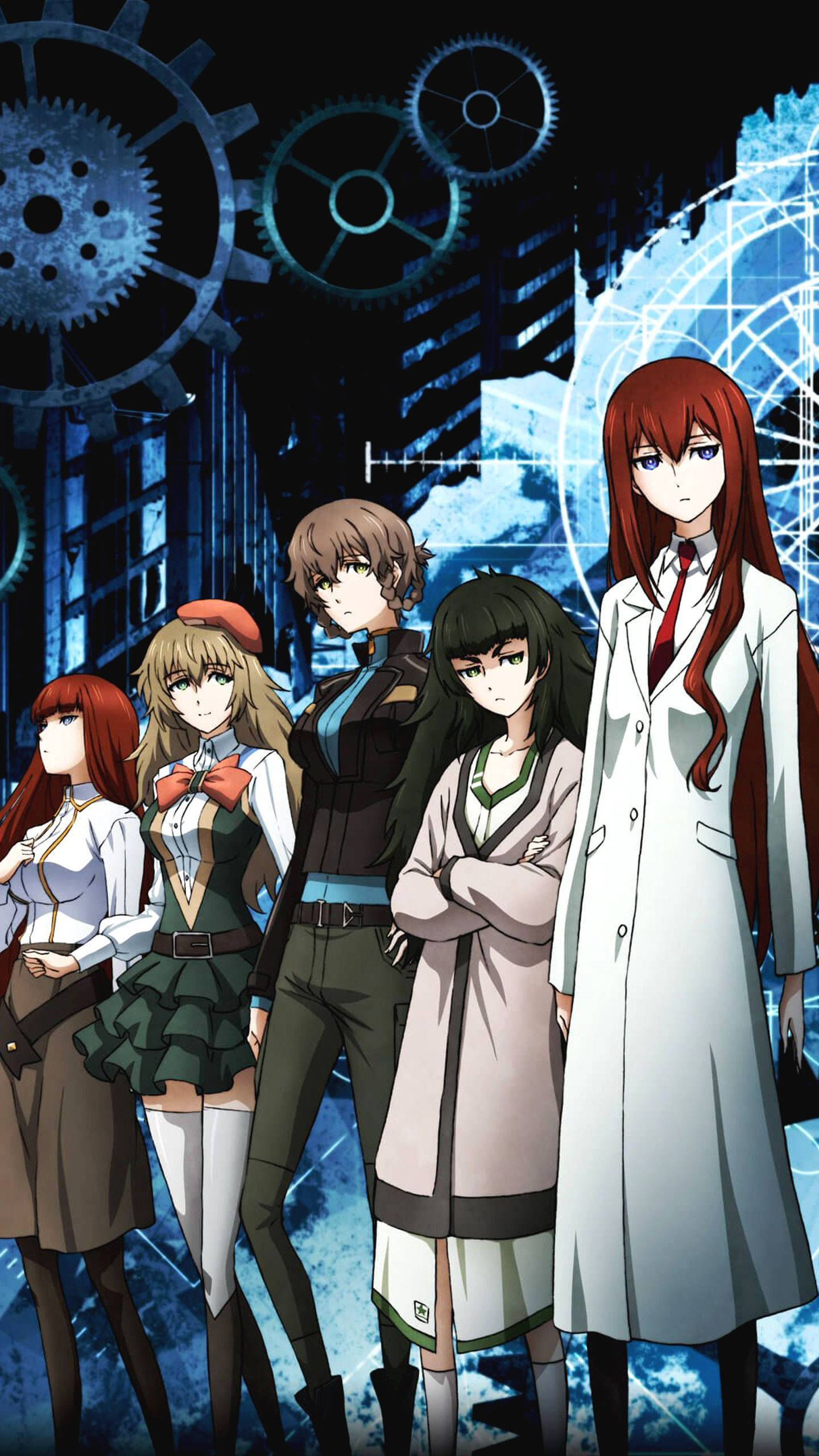 動畫《Steins;Gate》角色群像 壁紙 — 五個動漫角色自信地站在深藍色機械城市景觀前，背景有發光的齒輪和電路。
