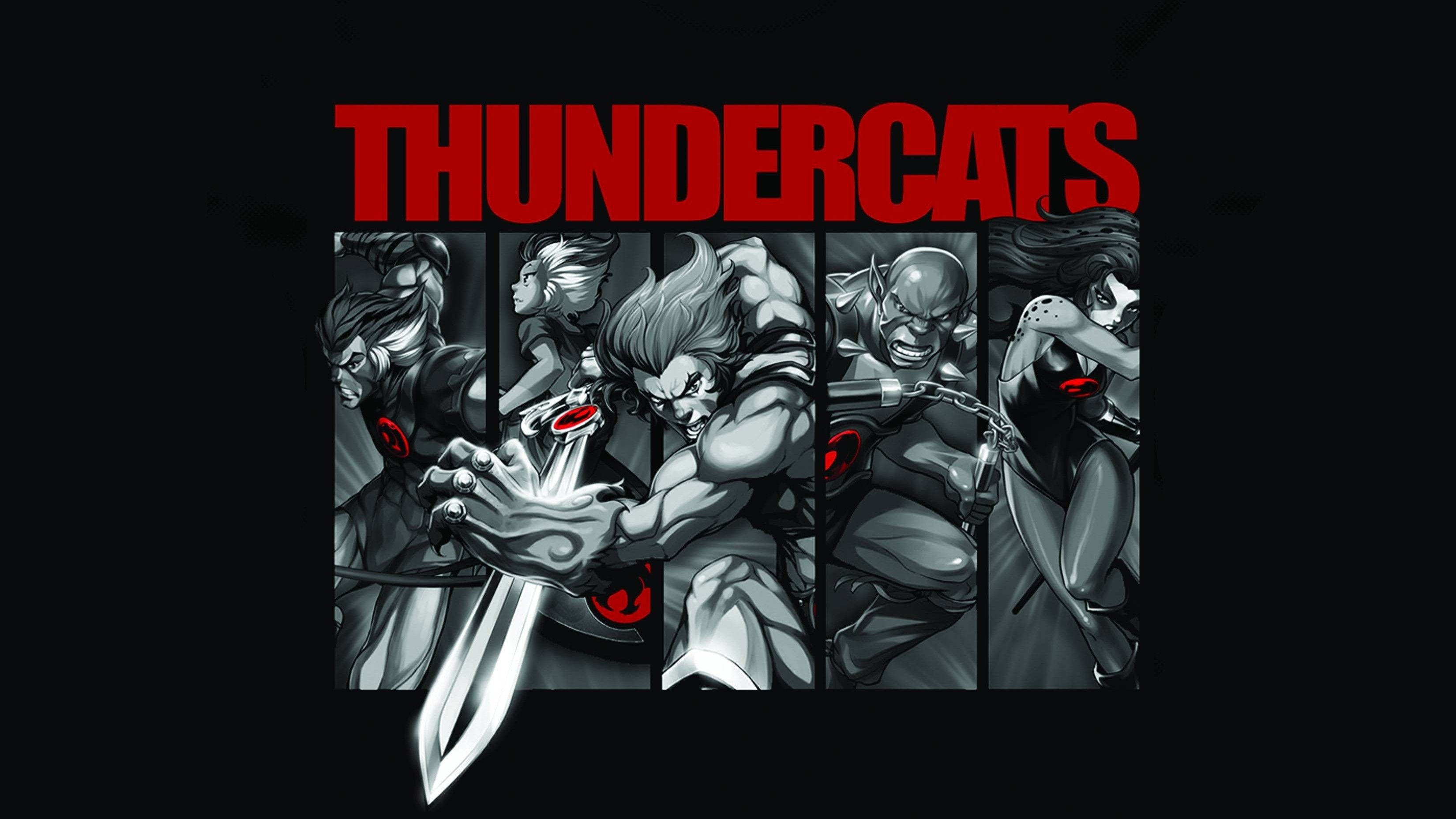 動畫 Thundercats 系列 壁紙 — 五個 ThunderCats 角色以動態姿勢呈現，紅眼睛，手持大劍，背景為黑色。