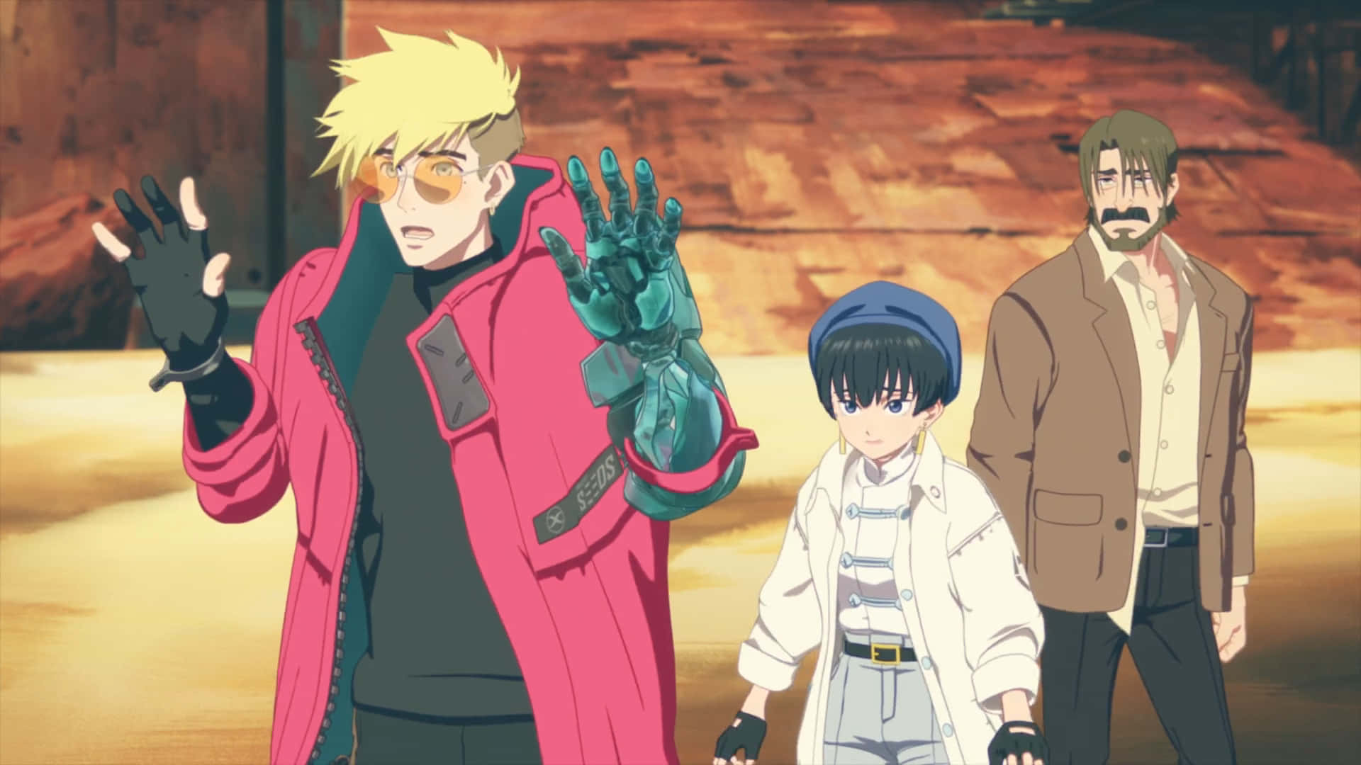 三個動漫角色在沙漠中，其中一個有機械手。