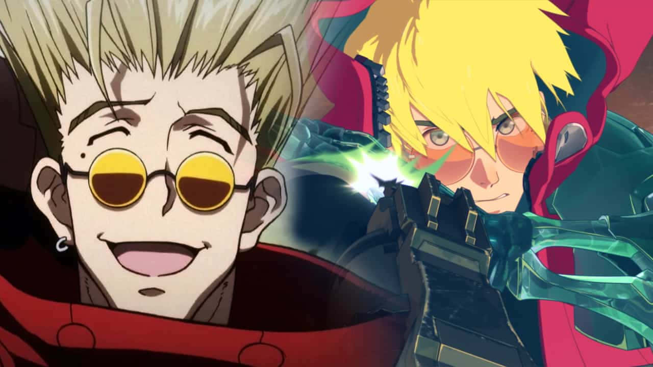 動畫《Trigun》主角瓦希·史坦德圖片 壁紙 — 兩個動漫角色，一個戴黃色眼鏡微笑，另一個手持發光綠色武器擺出動態姿勢。