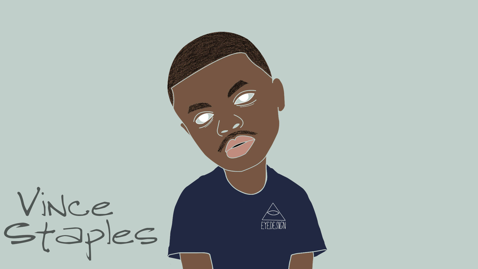 動畫 Vince Staples 壁紙 — 一幅風格化的插圖，描繪Vince Staples在柔和的青綠色背景上，雙眼發光並露出得意的笑容。