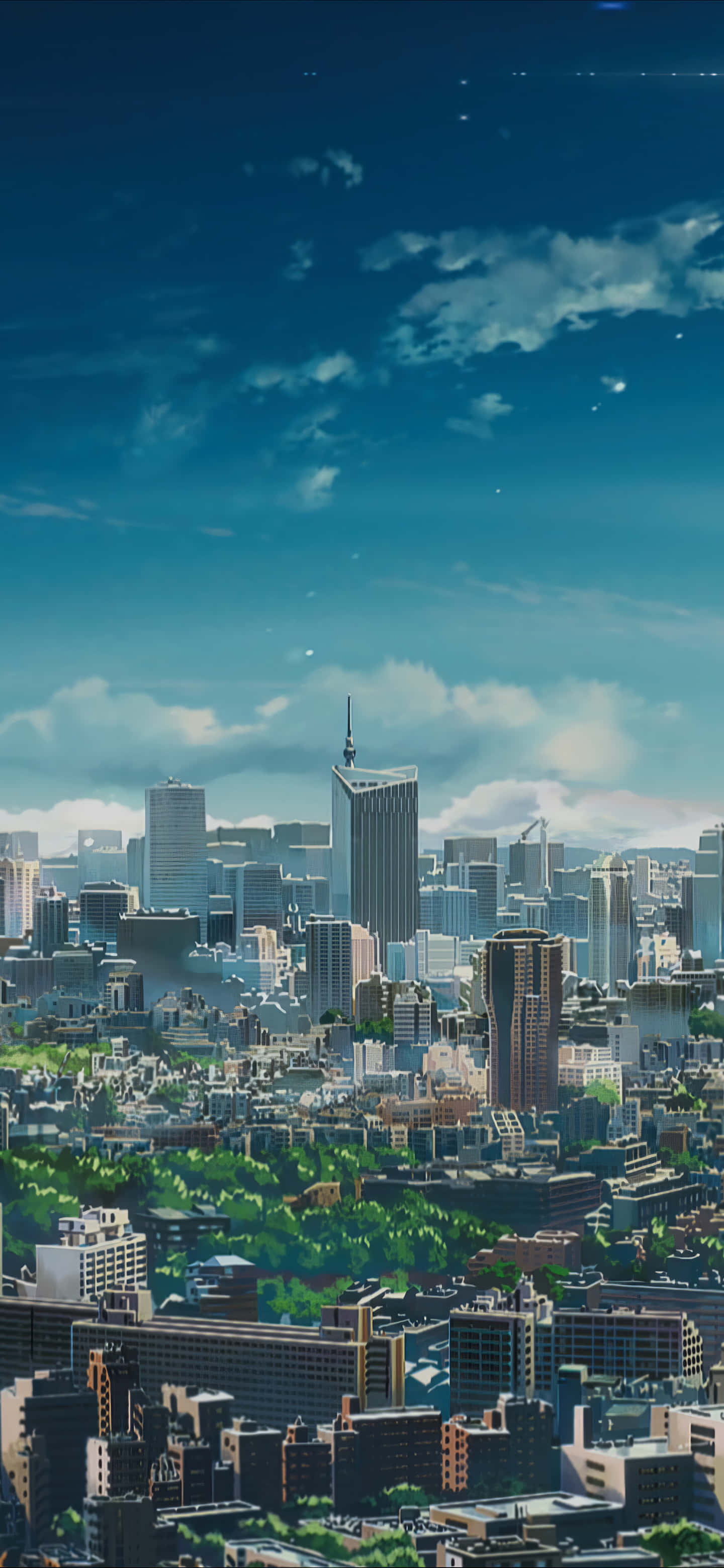 動畫《你的名字。》城市手機背景 壁紙 — 充滿活力的動漫風格城市景觀，高聳的摩天大樓和鬱鬱蔥蔥的綠色公園，在明亮的藍天下有蓬鬆的雲朵。